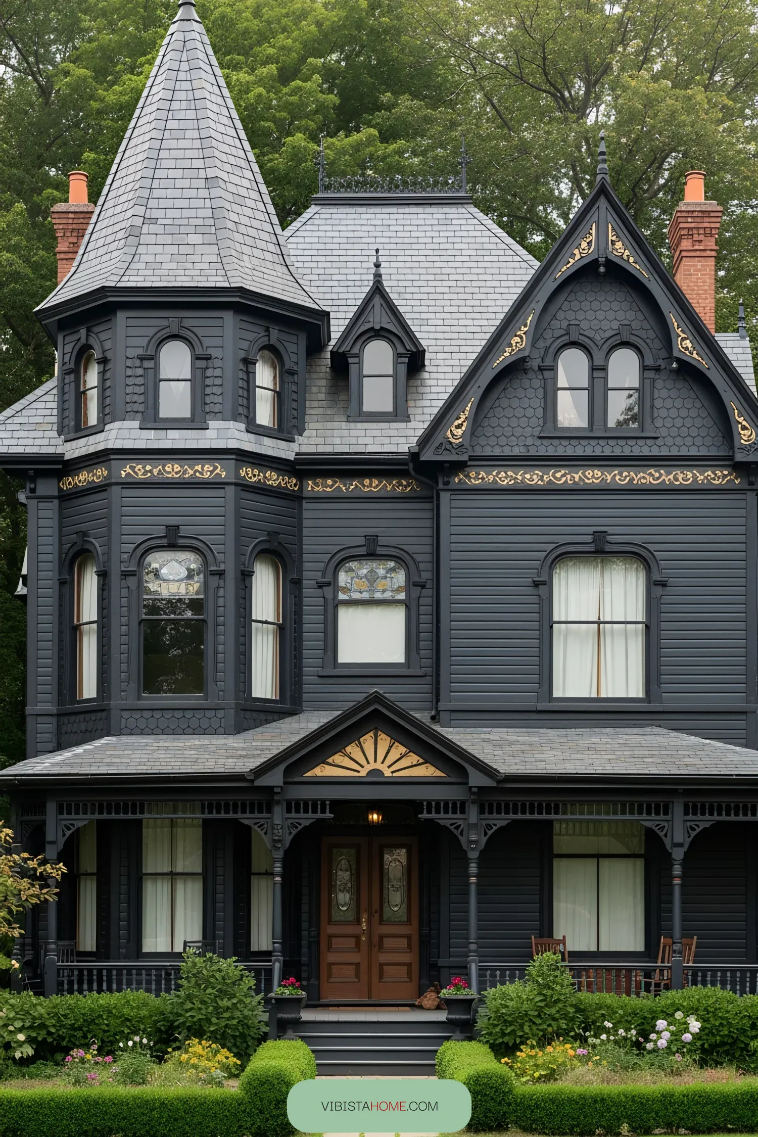 Front view of a Victorian house with dark siding, ornate trim, and a turret