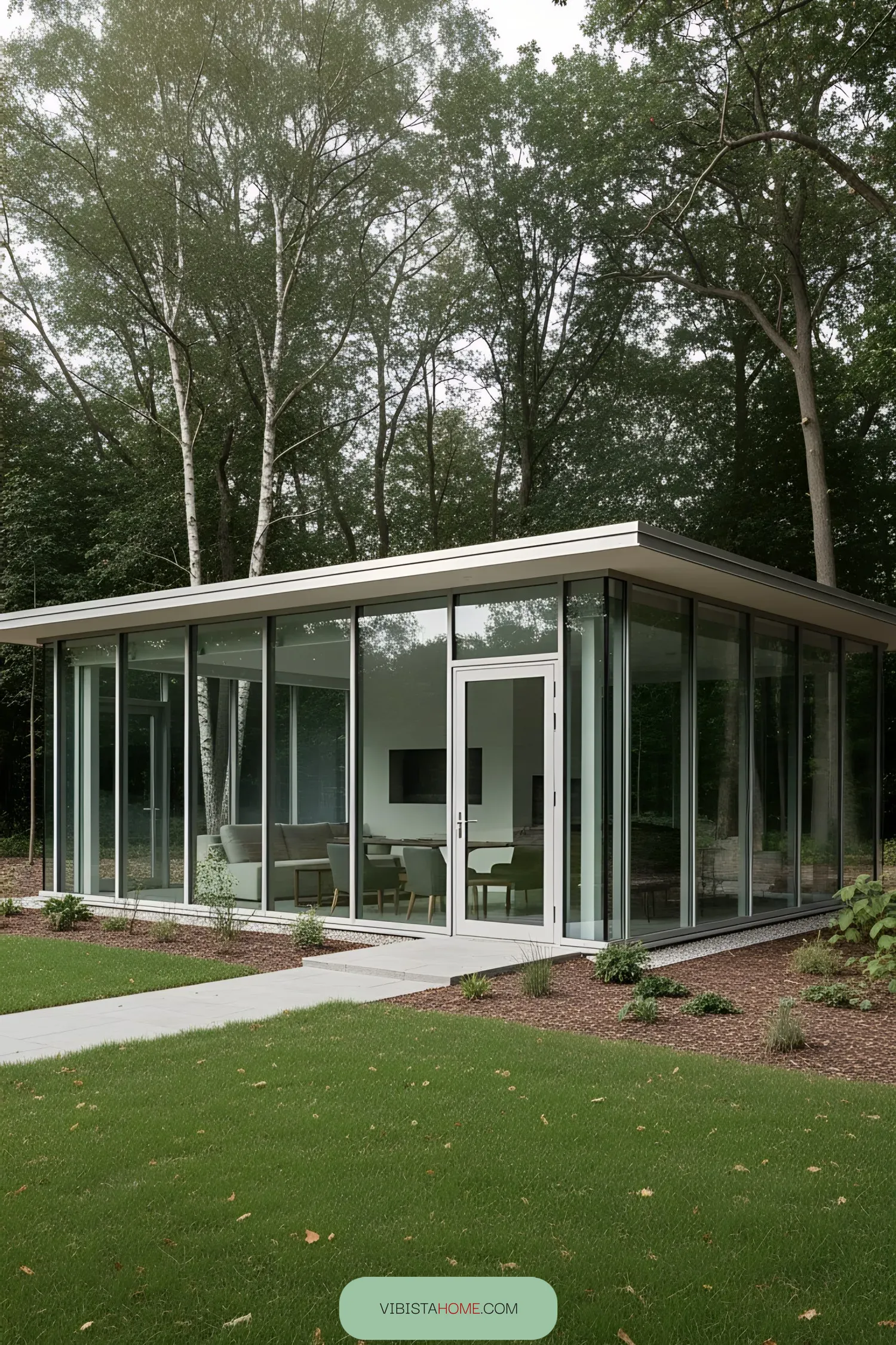 Modern glass pavilion surrounded by trees