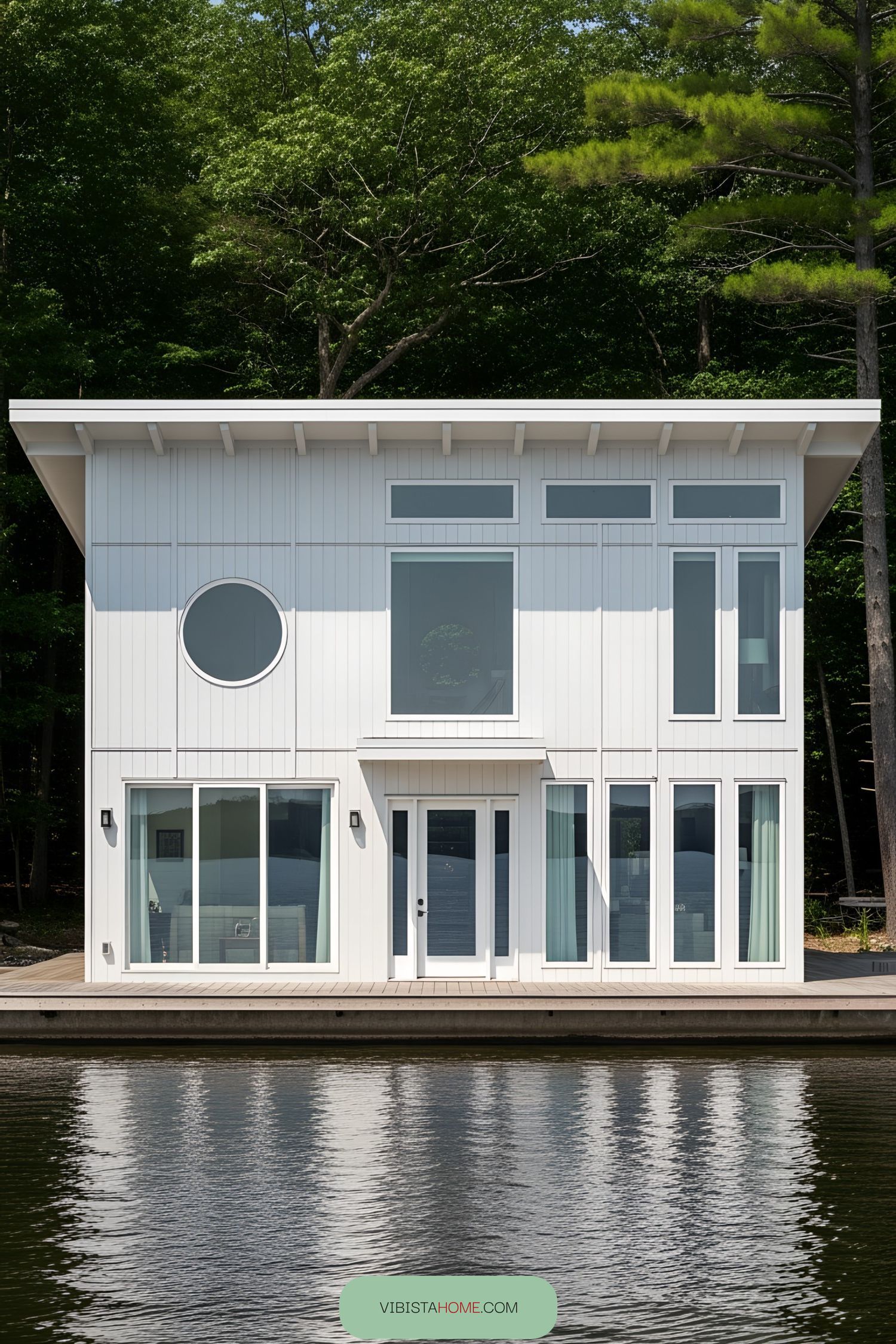 White floating house with large windows and circular window accent