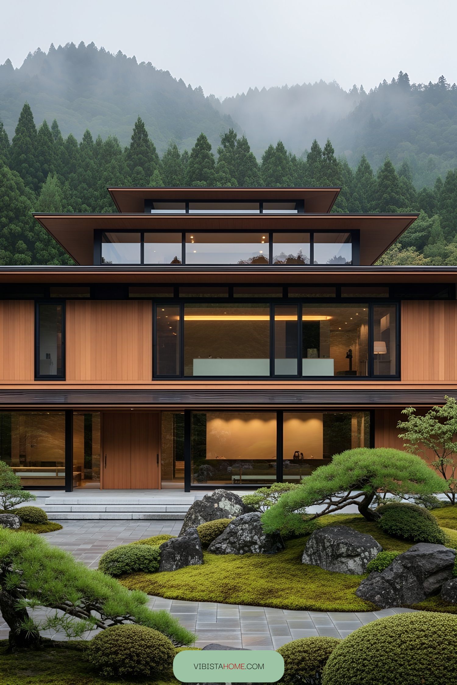 Luxurious Japanese house with layered roofs and lush garden