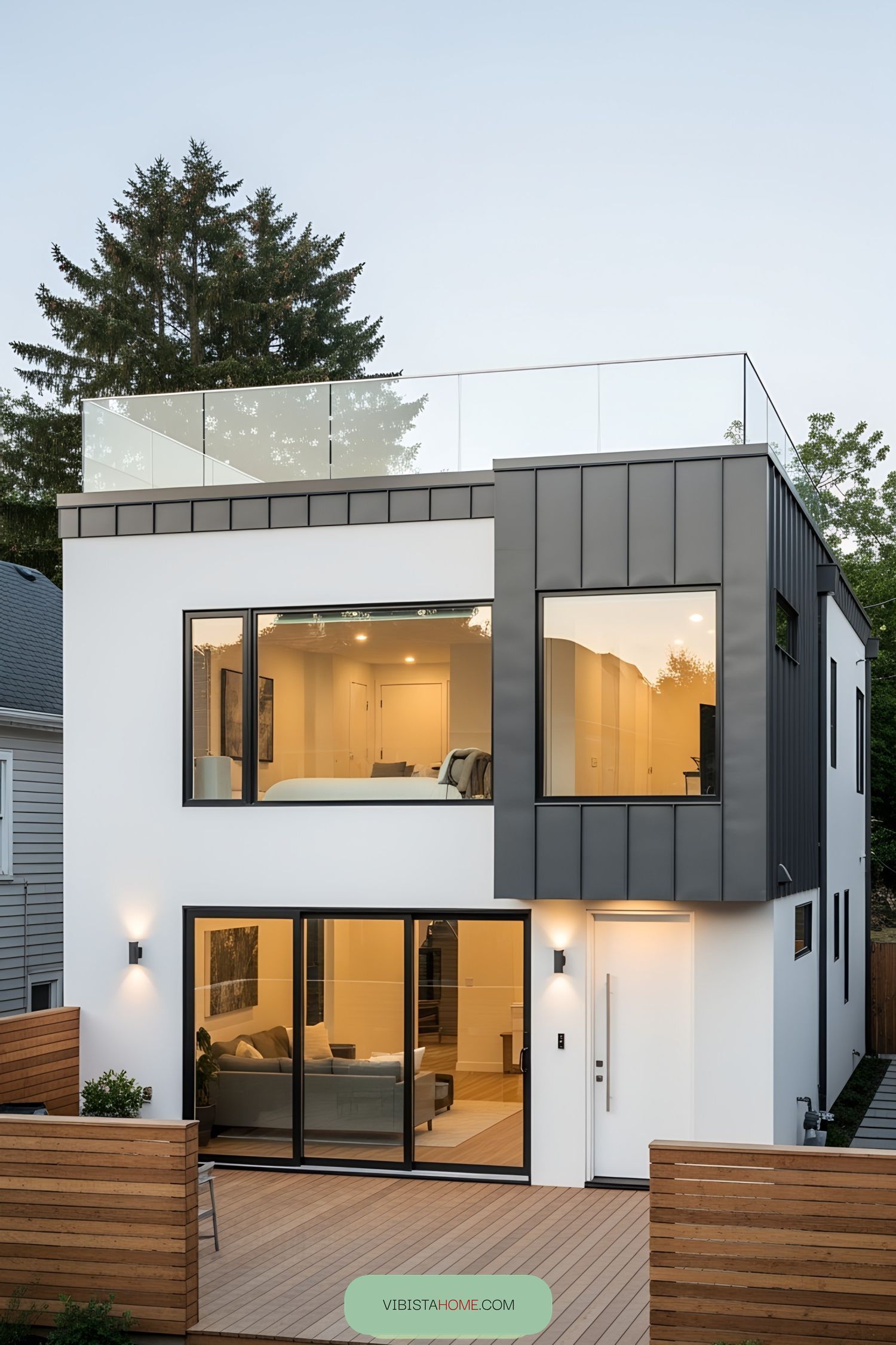 Modern bungalow with rooftop deck and glass railings