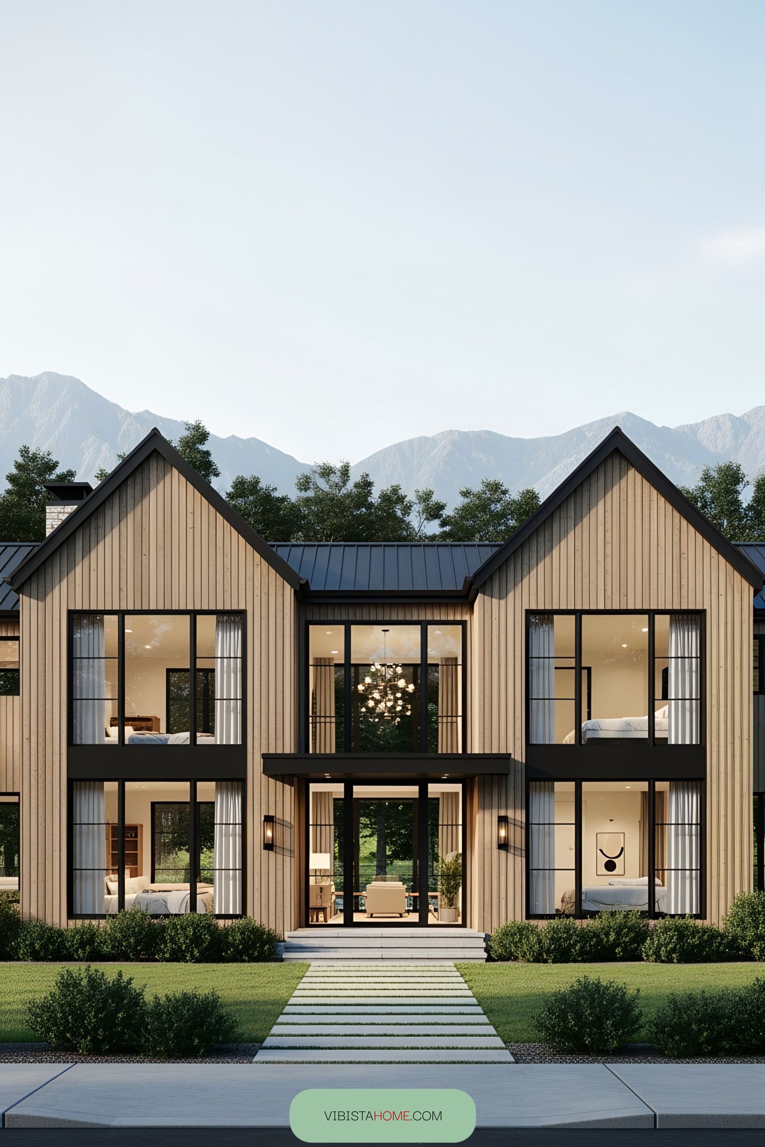Scandinavian farmhouse with large windows and a sleek design