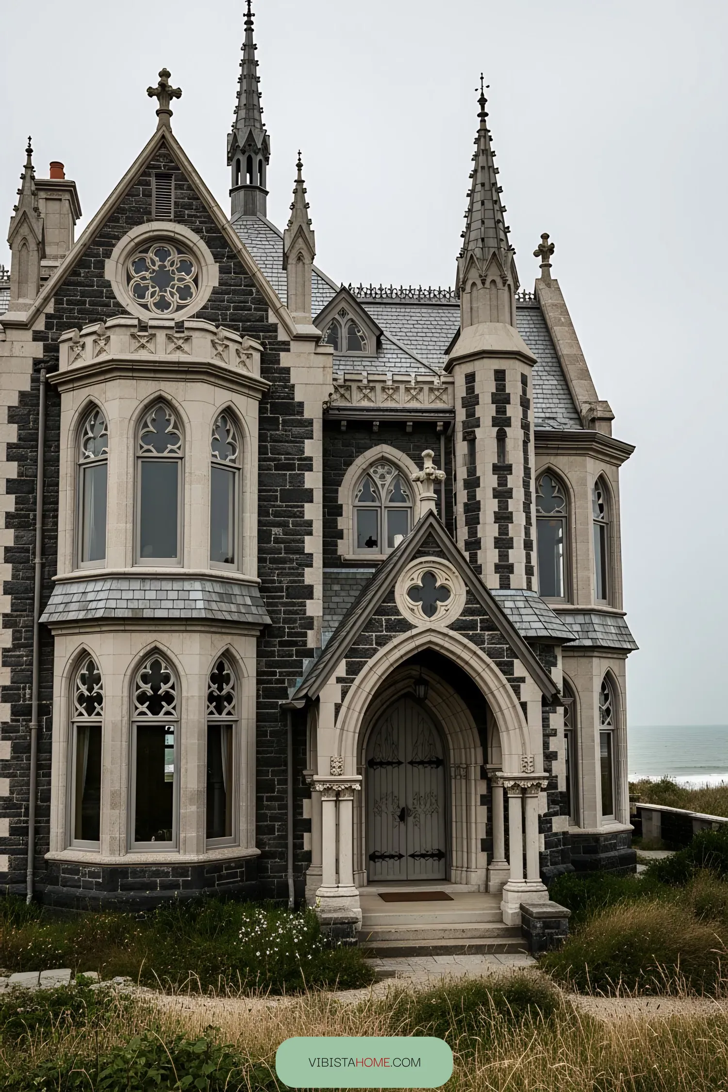 Gothic-style house with pointed spires by the coast