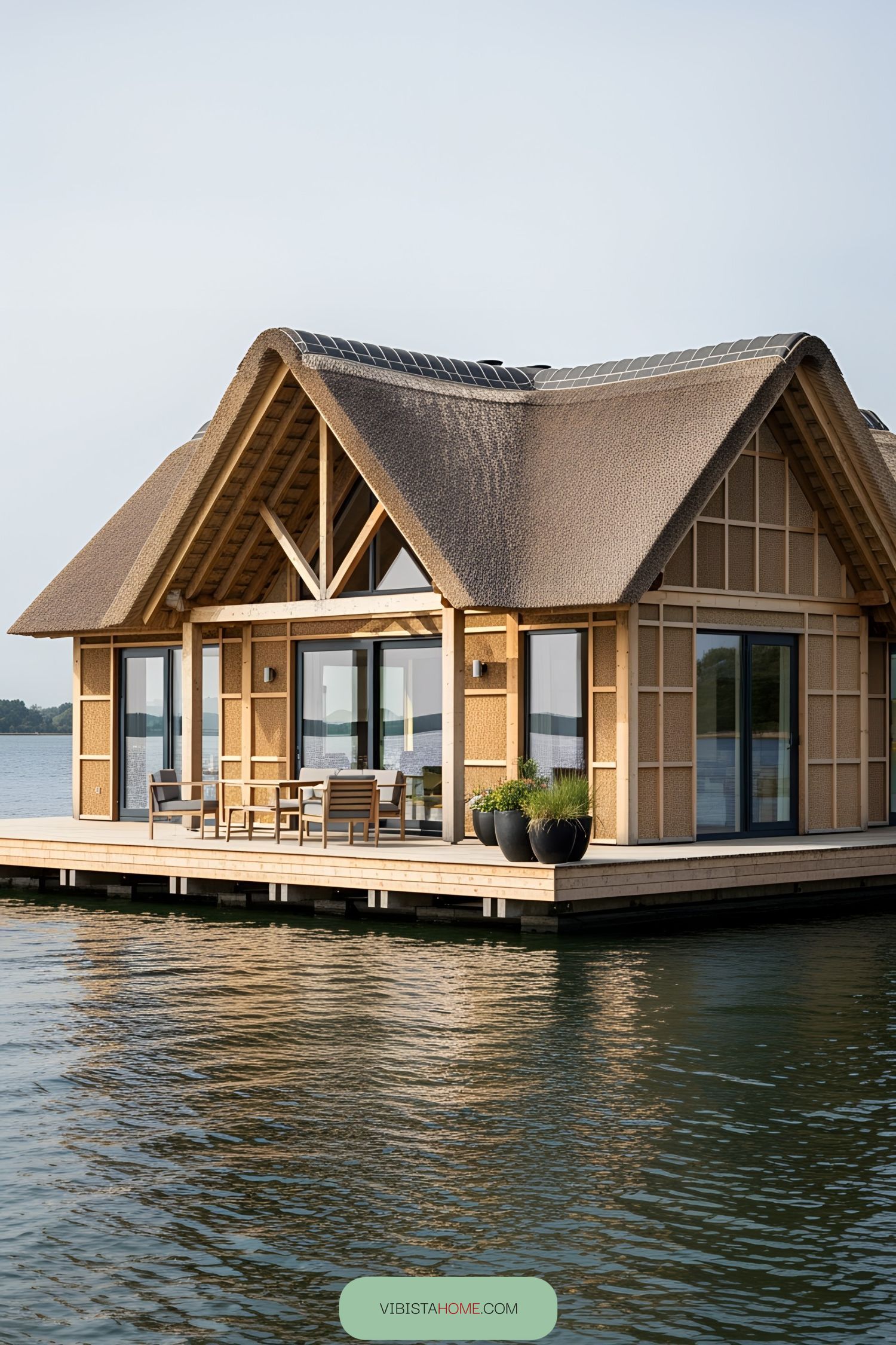 Floating cottage with a thatched roof and wooden deck