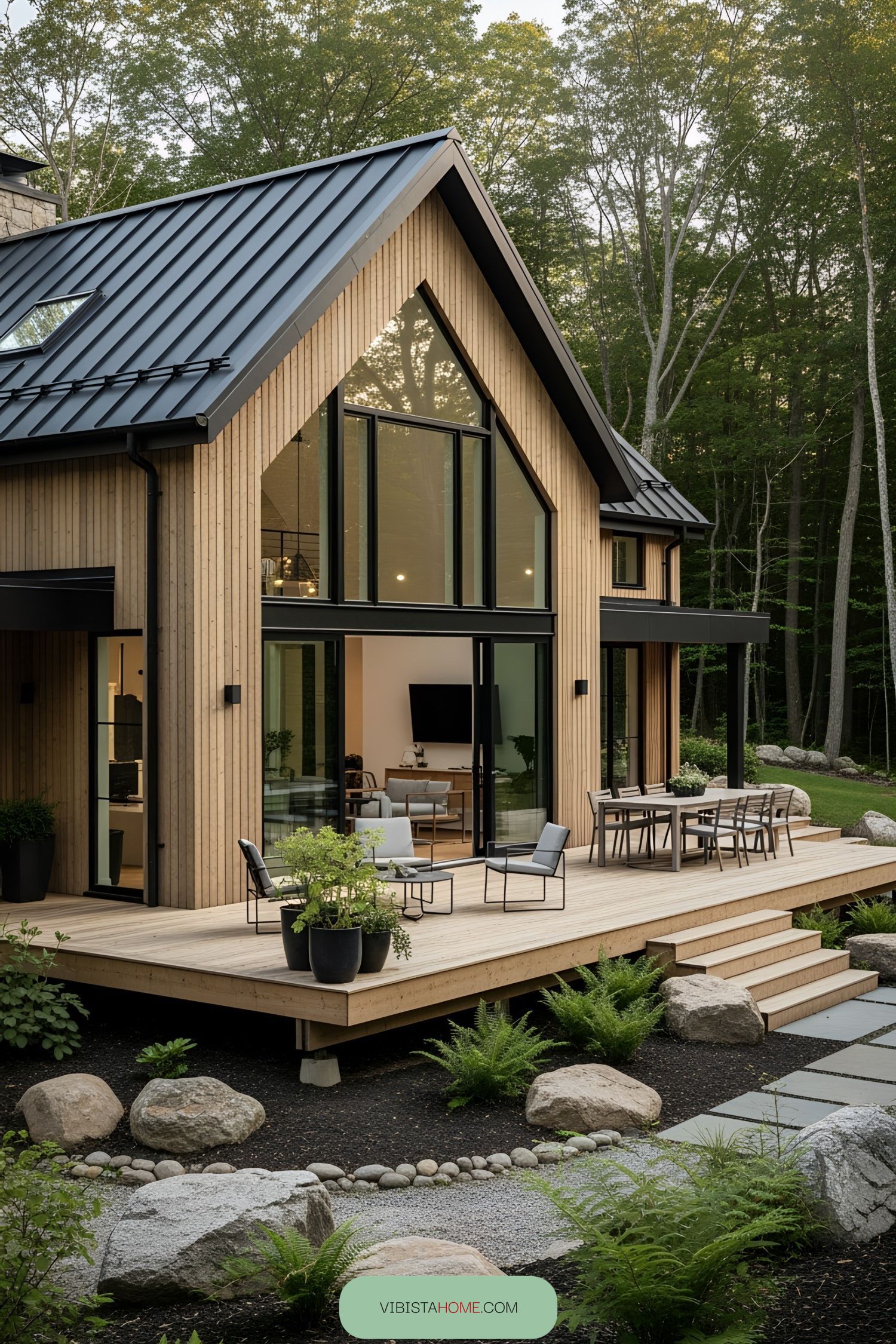 Modern Scandinavian farmhouse with large windows and wooden deck