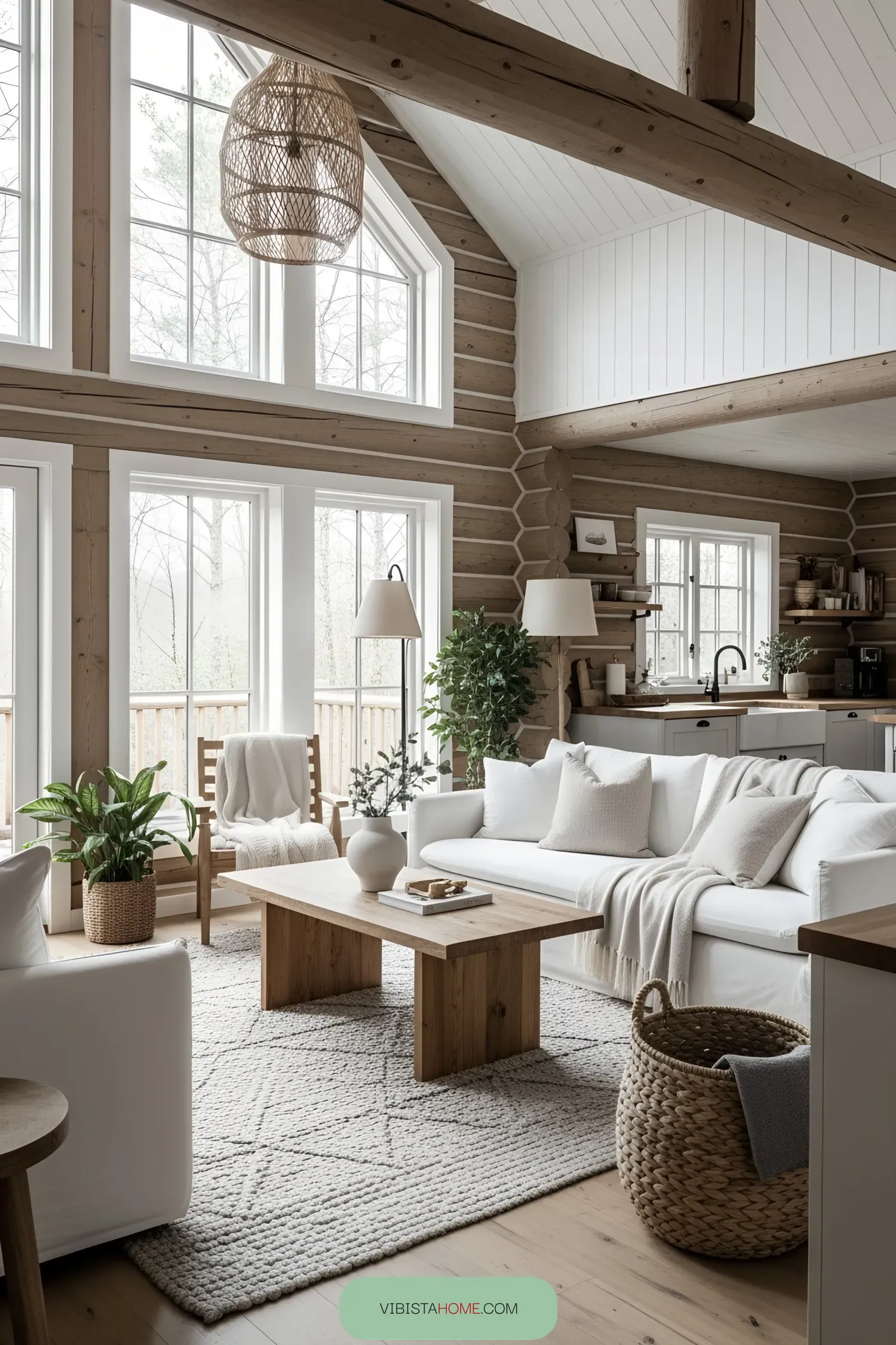 Bright and airy log cabin living area with large windows and modern decor