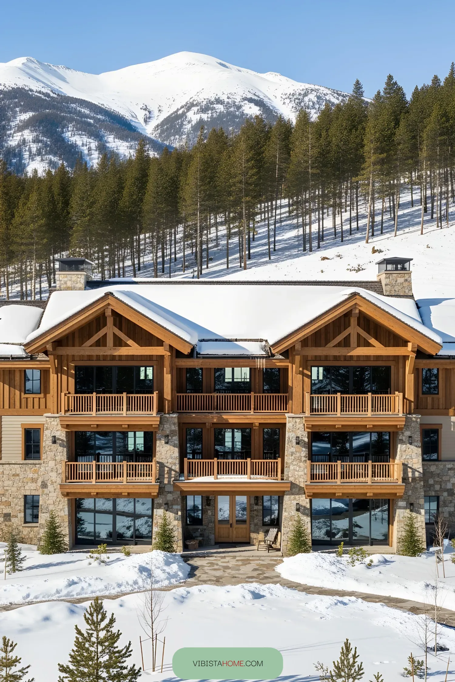 A wooden lodge with snowy mountains