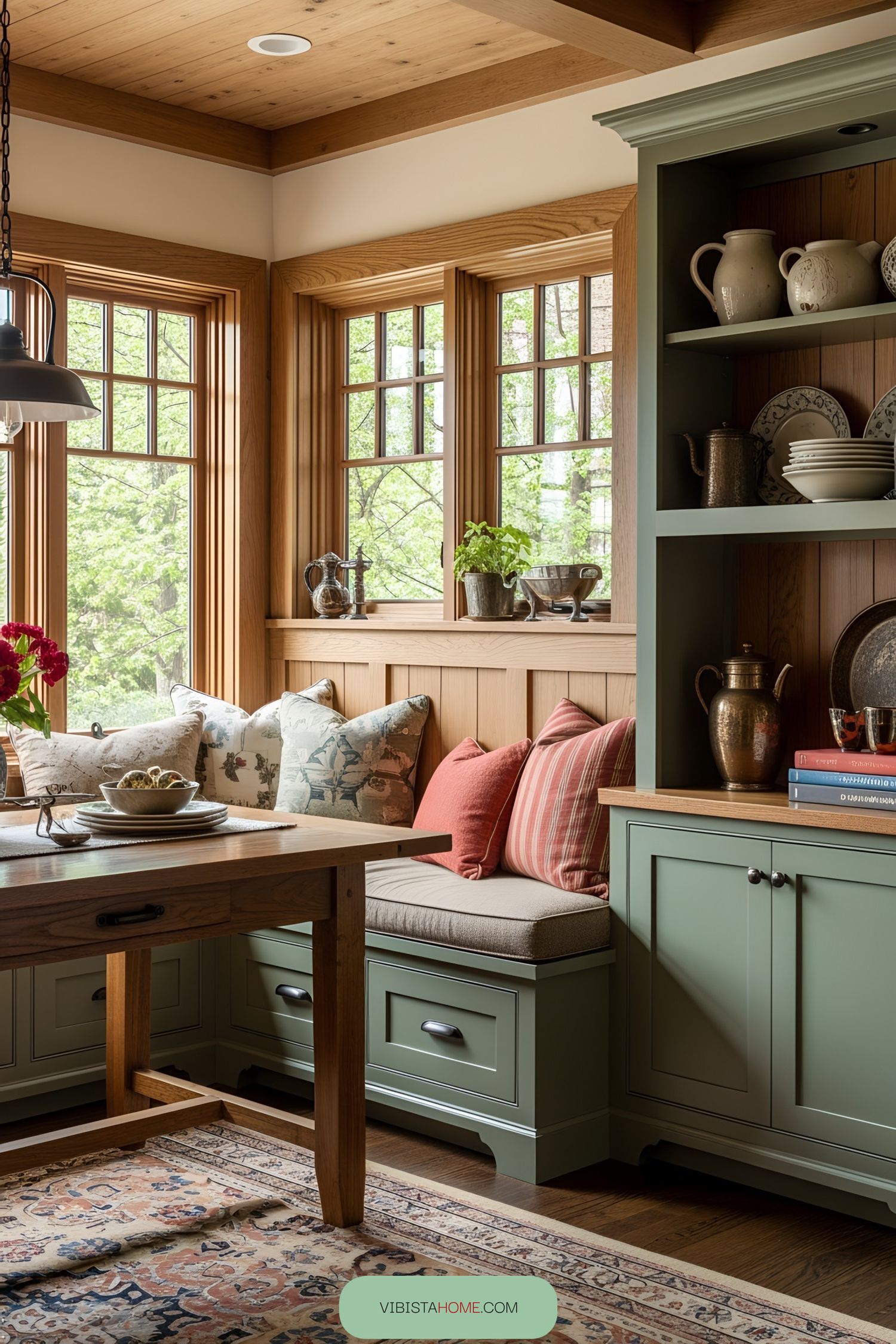 Cozy craftsman-style nook with window seating and green cabinetry