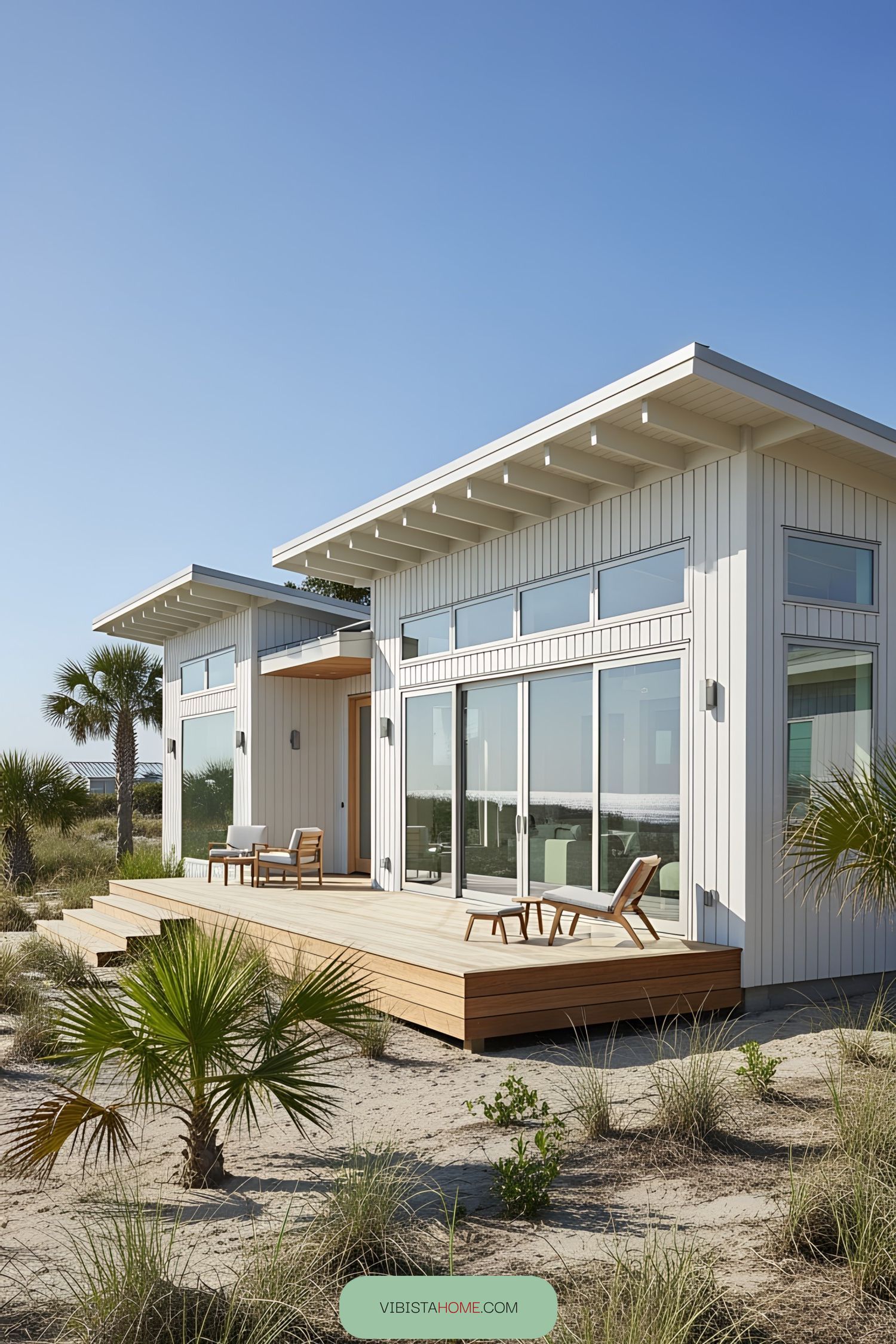 Coastal bungalow with a wooden deck and palm trees