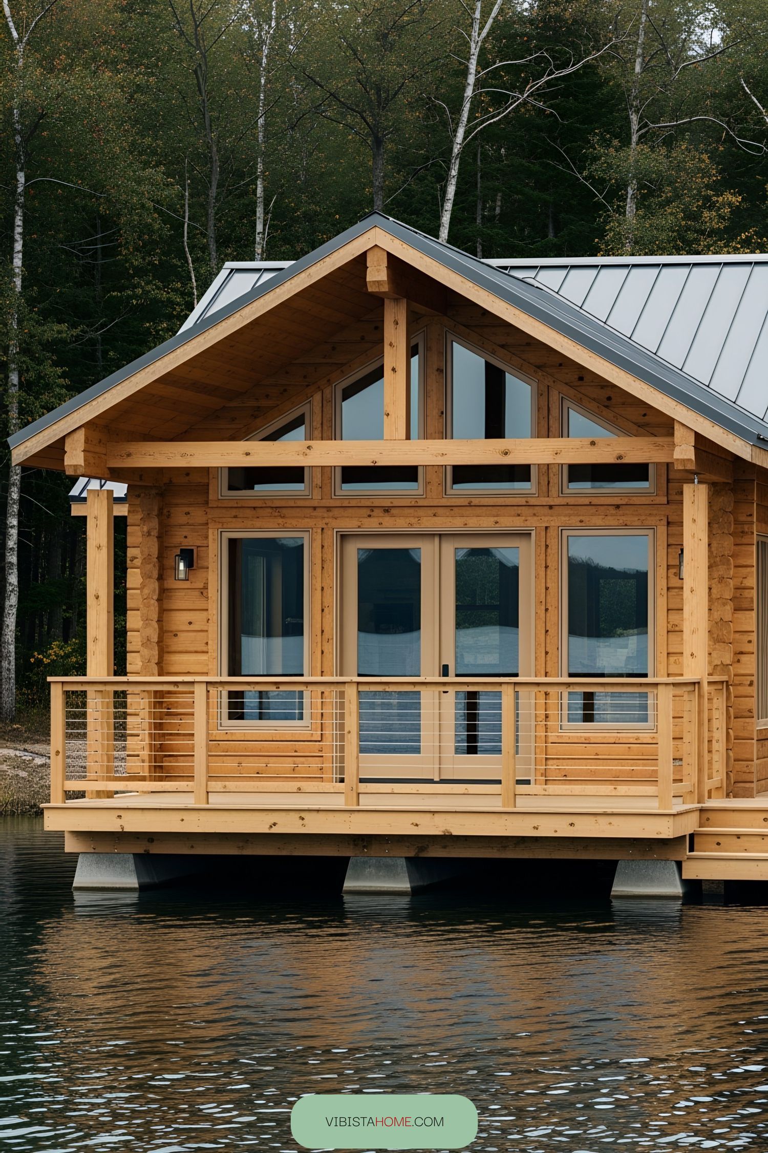 A wooden floating cottage with large windows and a metal roof