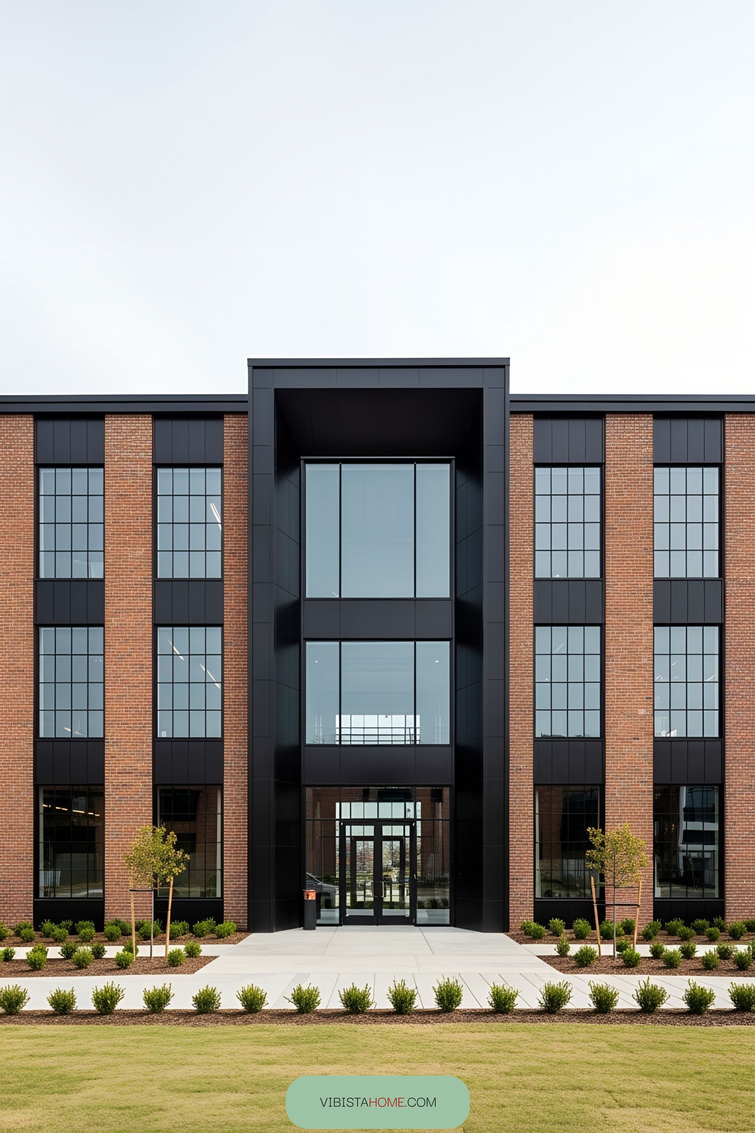 Modern industrial building facade with glass, brick, and steel elements
