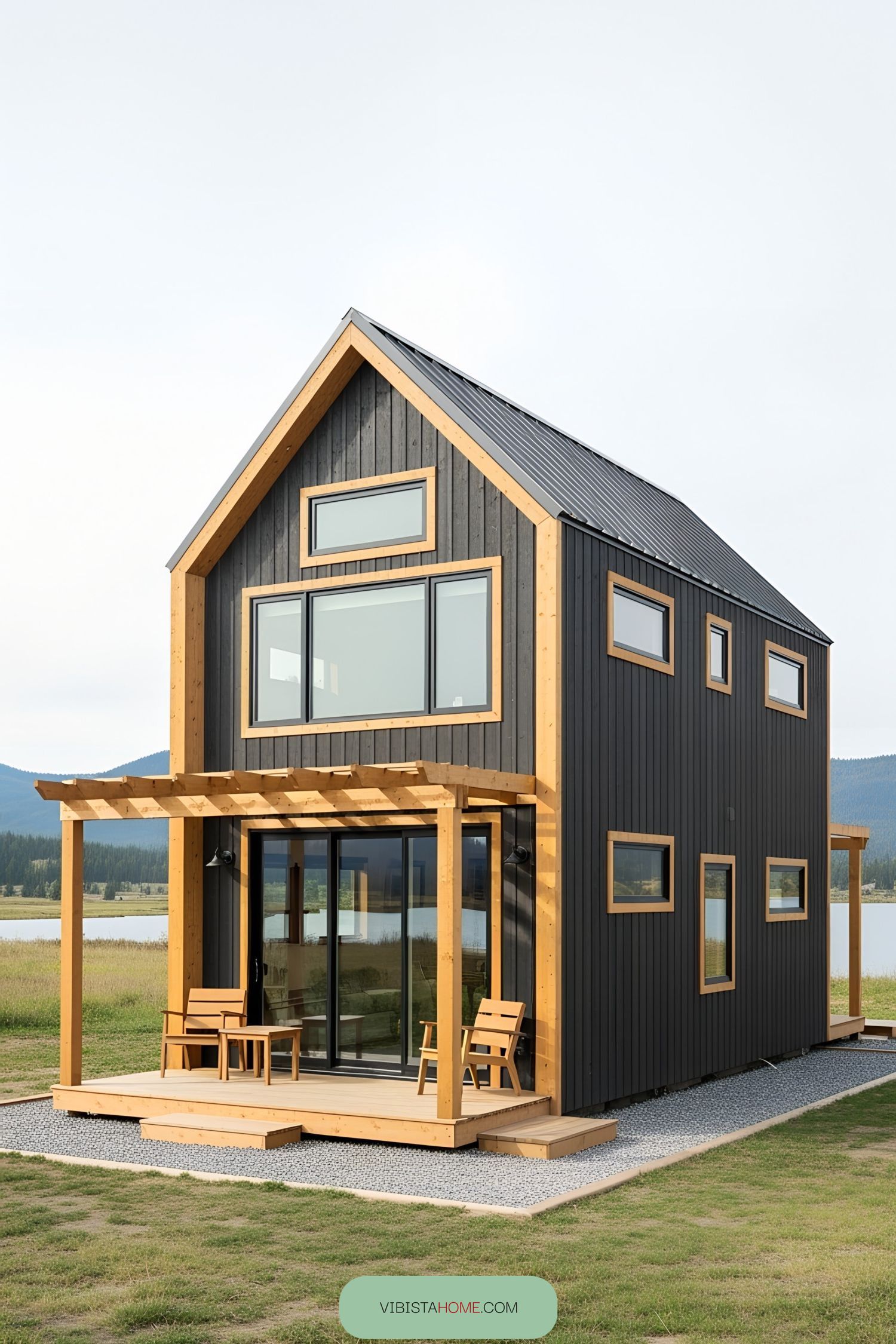 Compact modern house with timber accents and ample windows