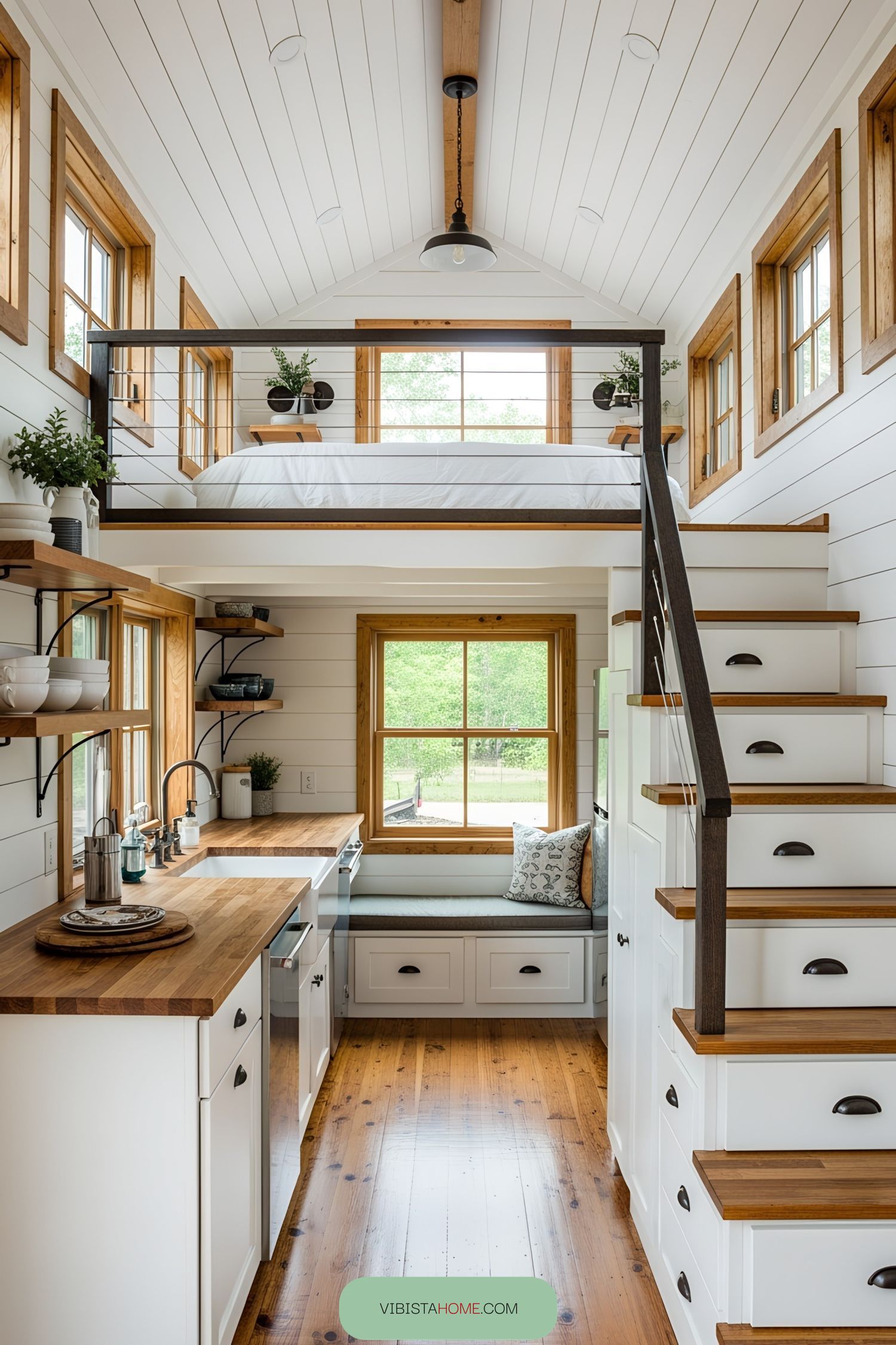 Cozy lofted living space with charming wood accents