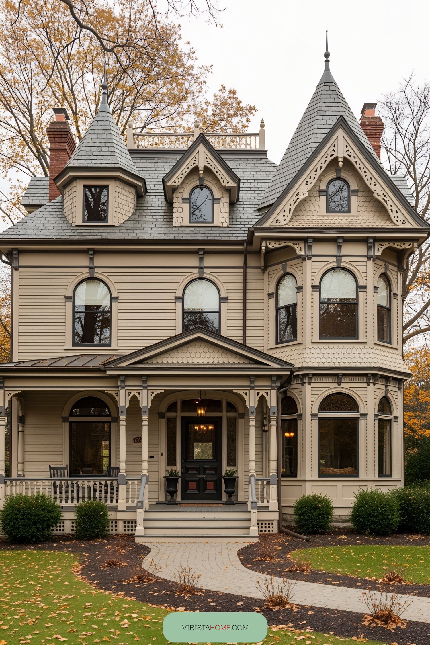A Victorian cottage with ornate gables and pointed roofs