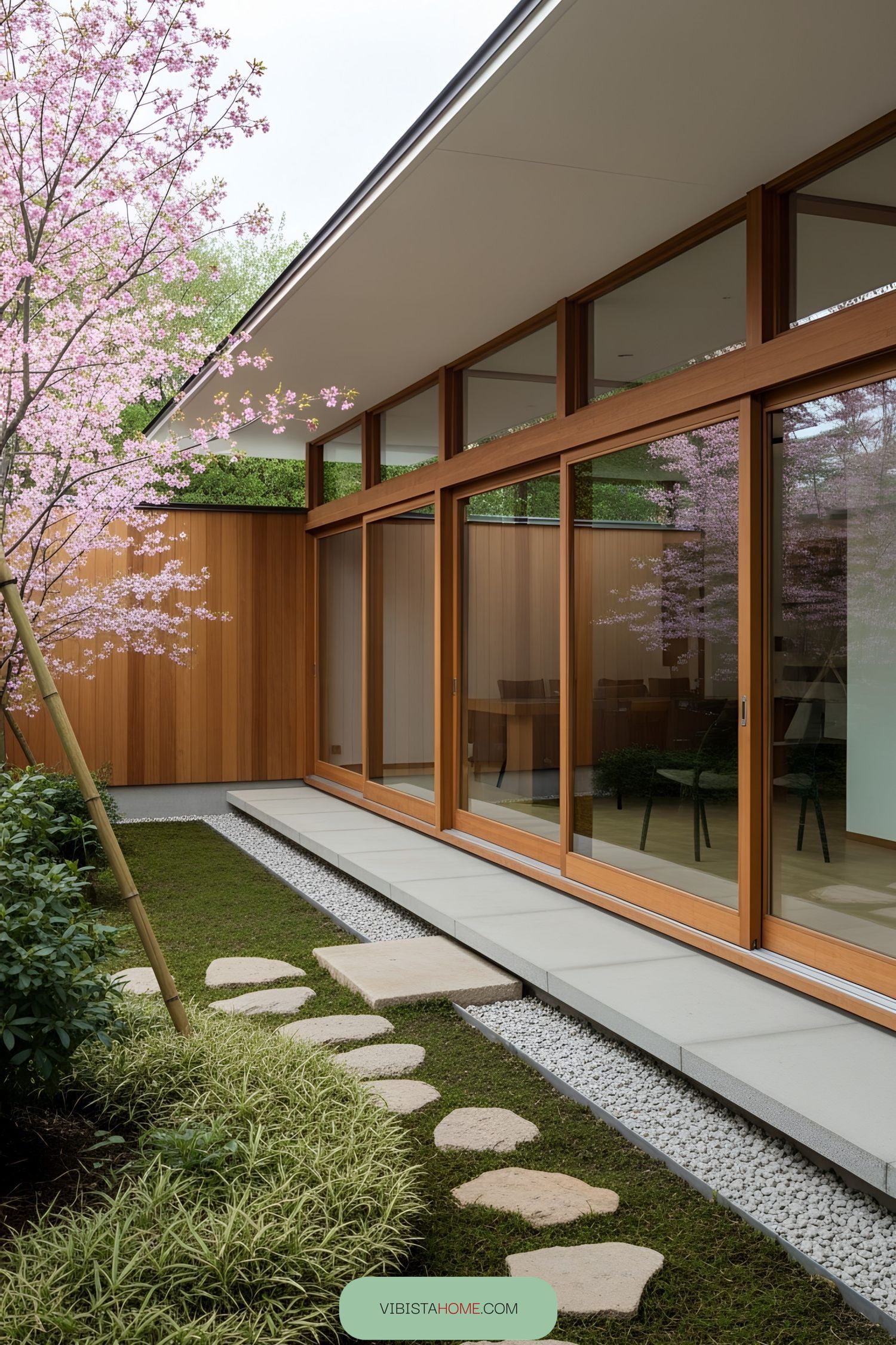 Japanese house with cherry blossoms and wood paneling