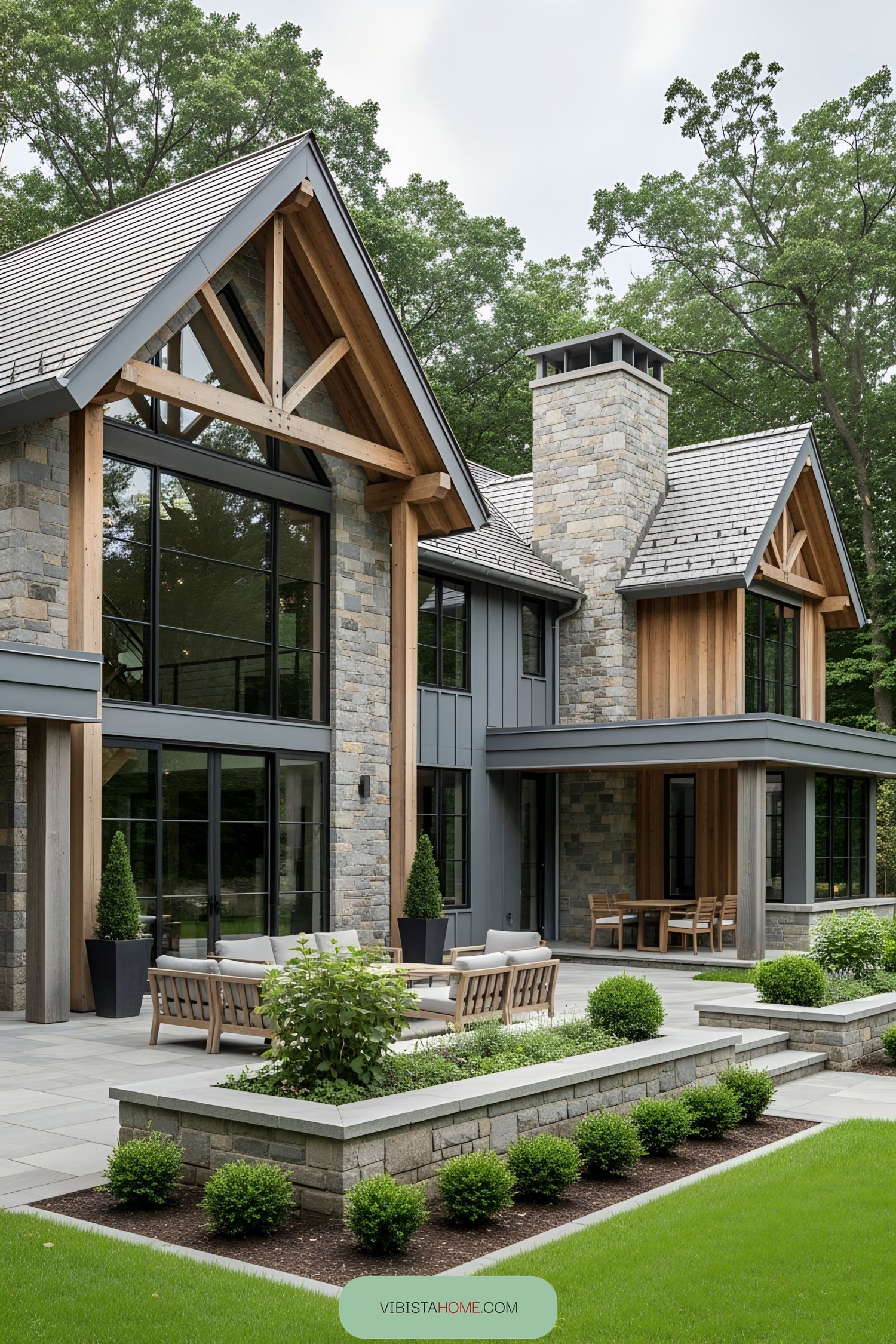 Contemporary rustic home with stone and timber elements