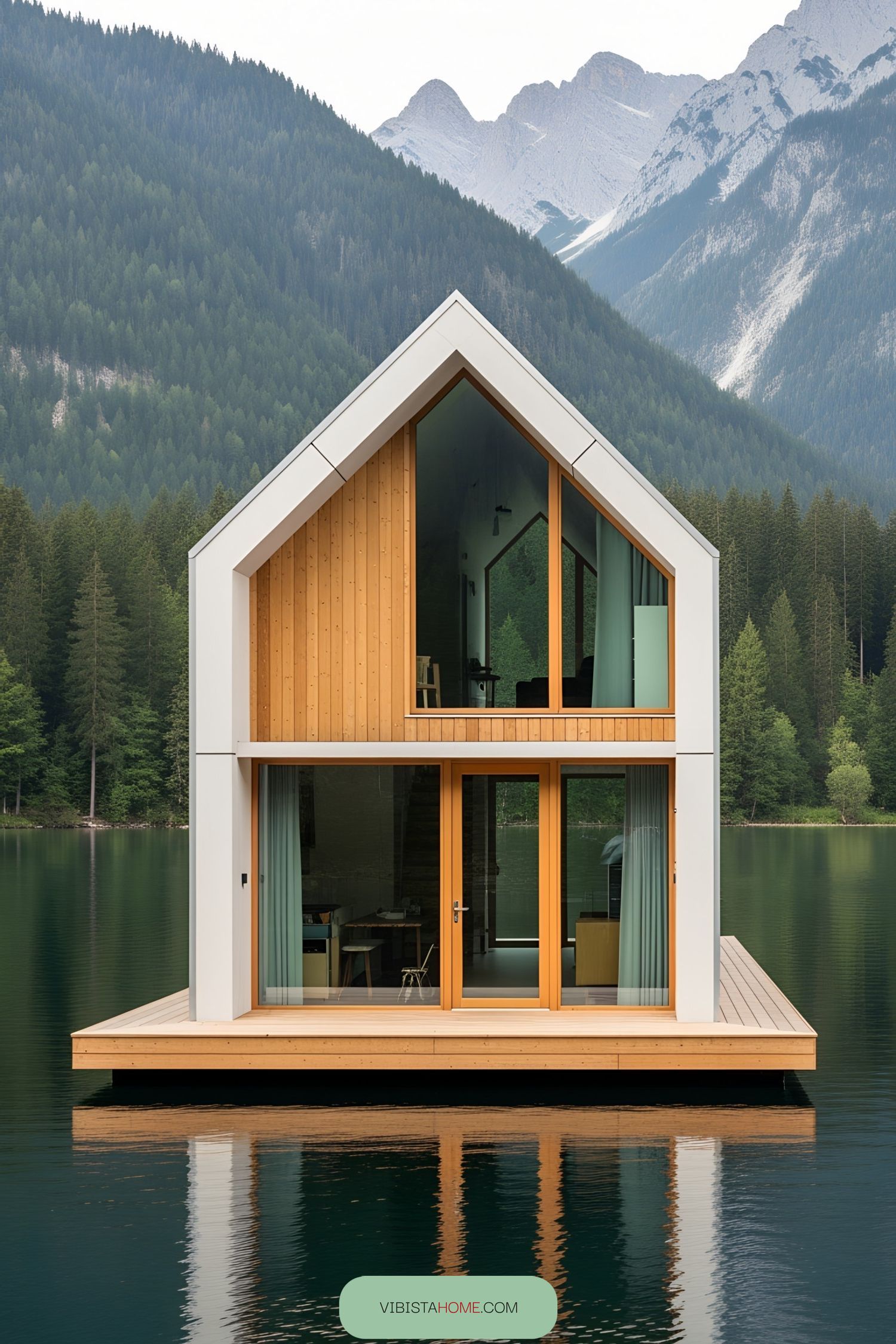 Two-story wooden house afloat on a lake