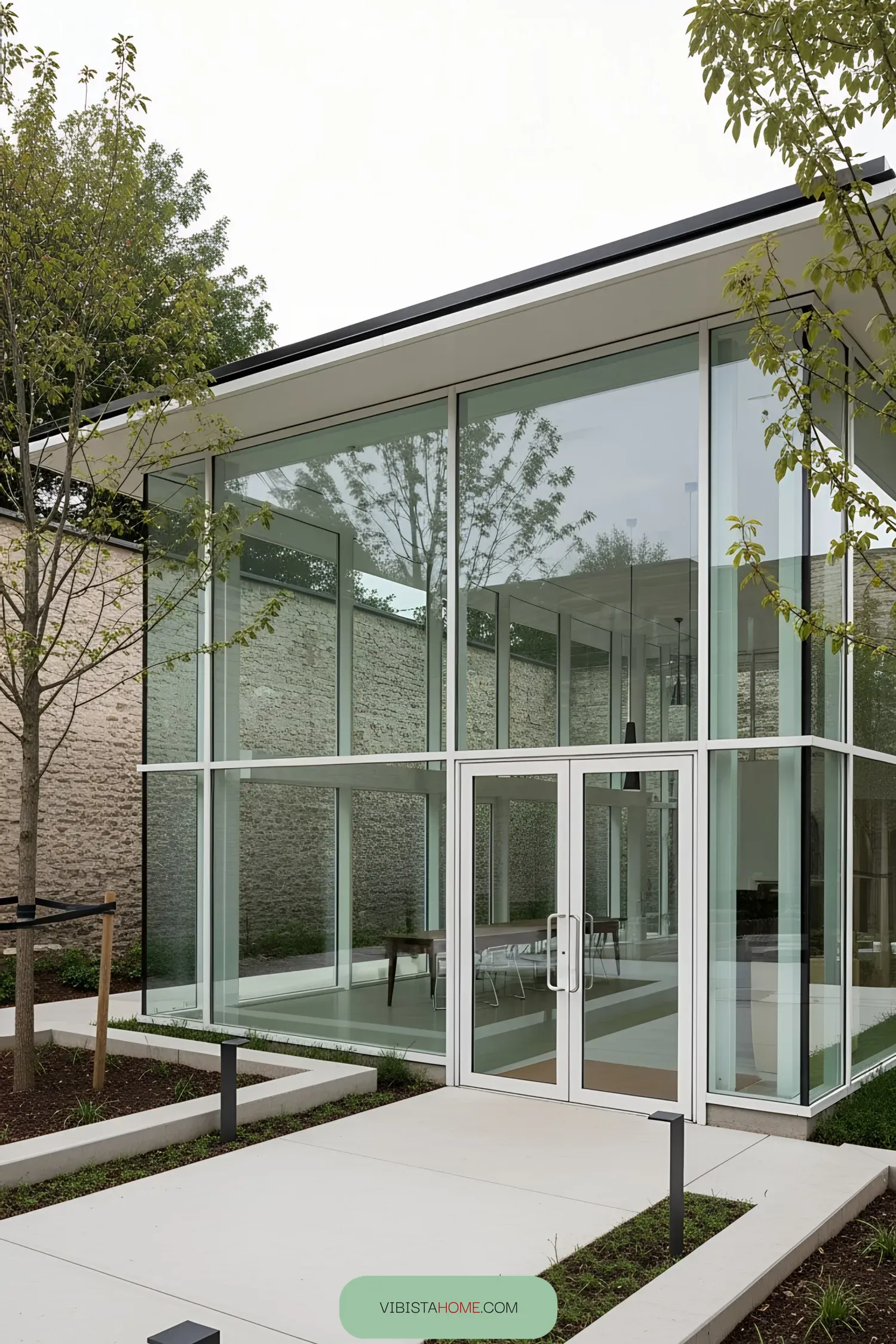 Modern glass pavilion with greenery