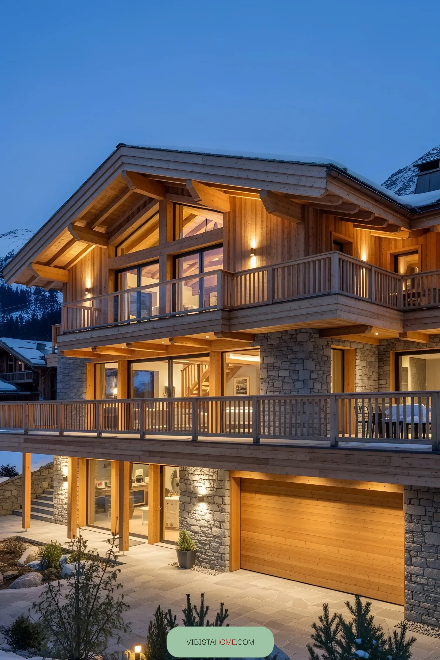 Elegant chalet with stone and wood exterior illuminated at night