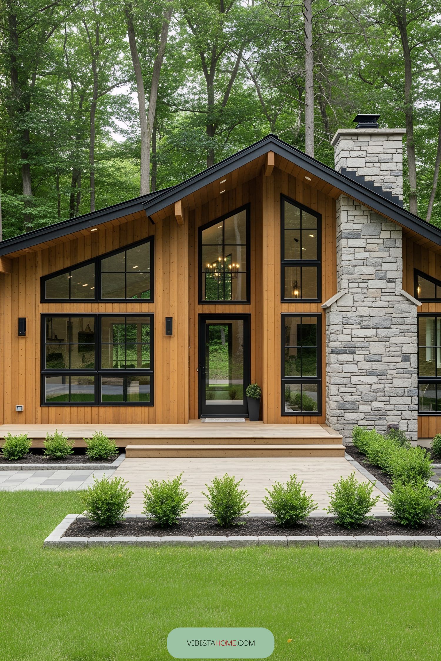 Charming rustic house with large windows and a stone chimney