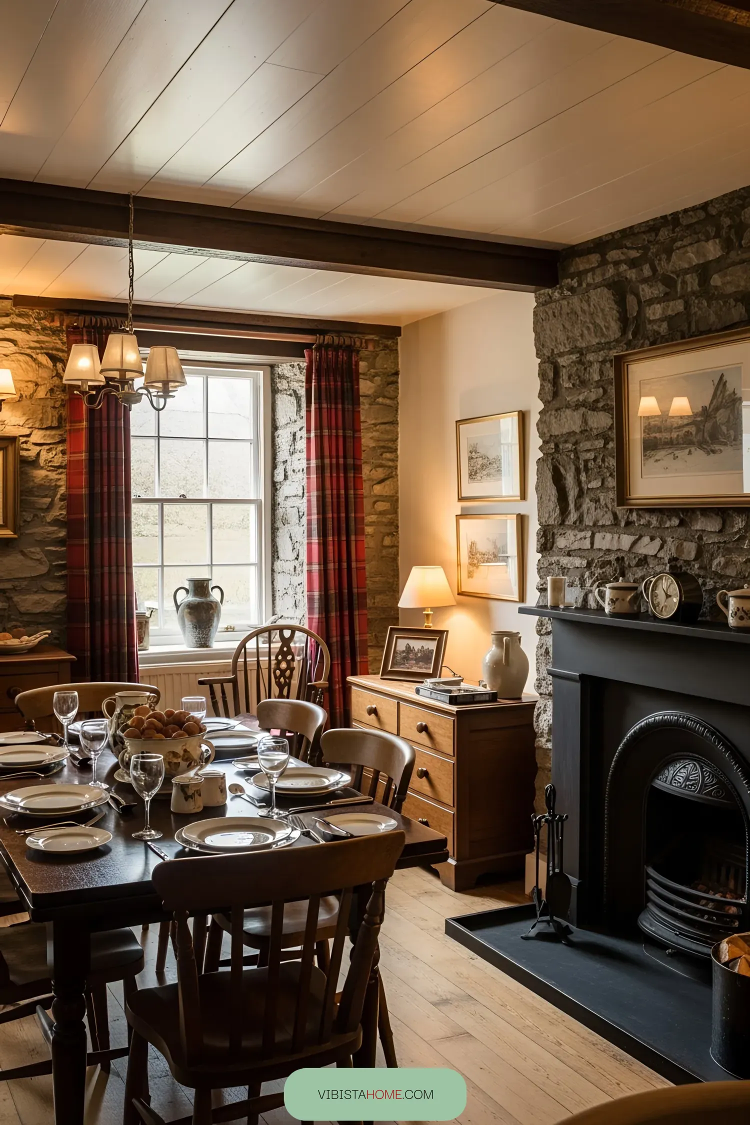 Rustic dining room with stone walls and tartan curtains