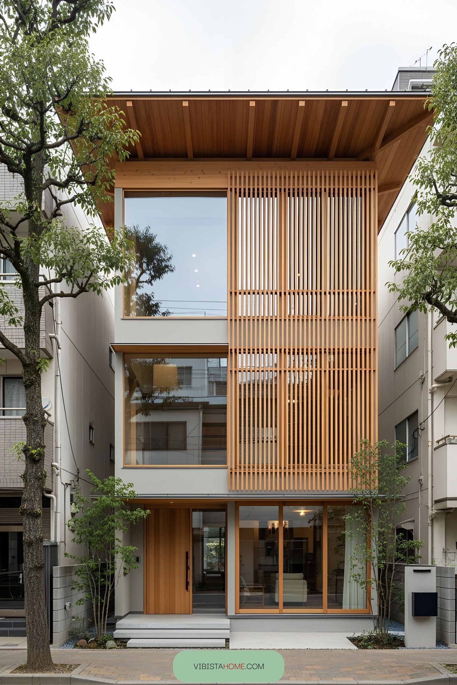 Stylish modern Japanese home with large wooden slats and floor-to-ceiling windows