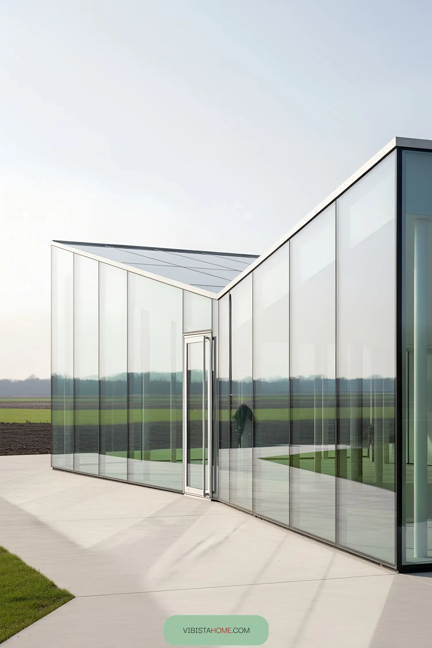 Modern glass pavilion set in a rural landscape