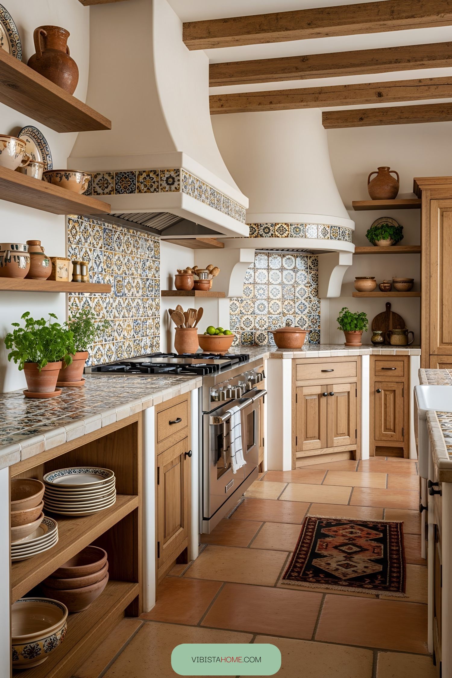 Spanish-style kitchen with colorful tiles and wooden beams