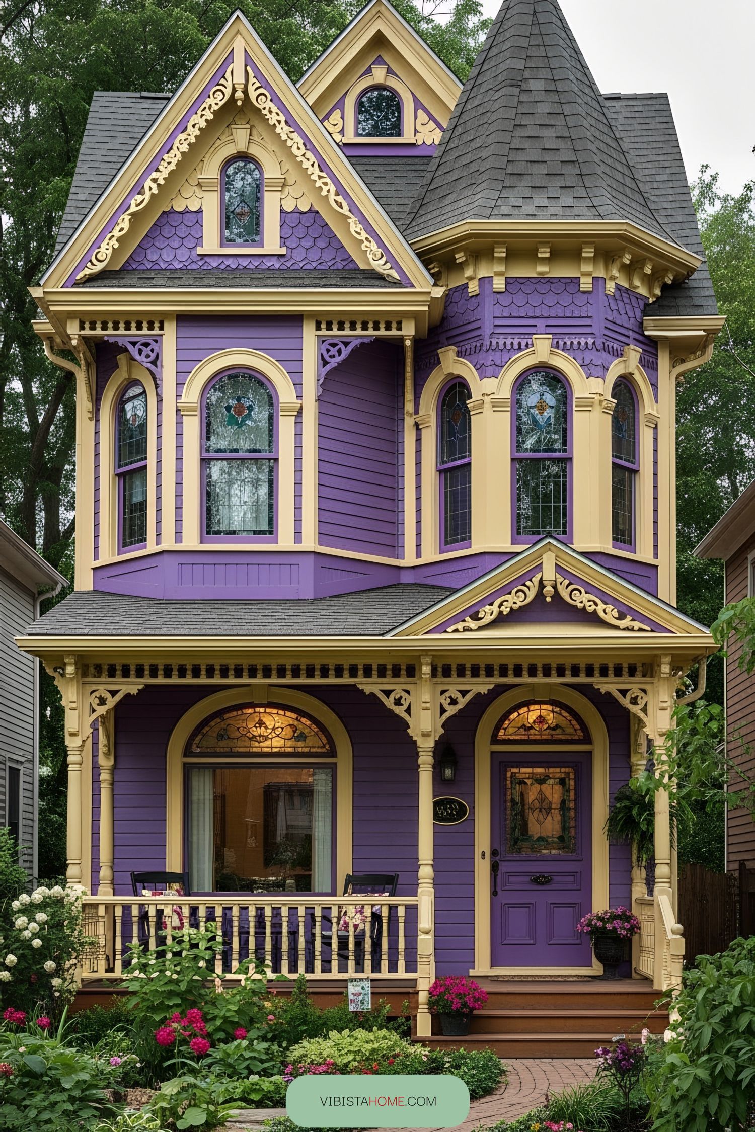 Purple Victorian home with ornate detailing and turret