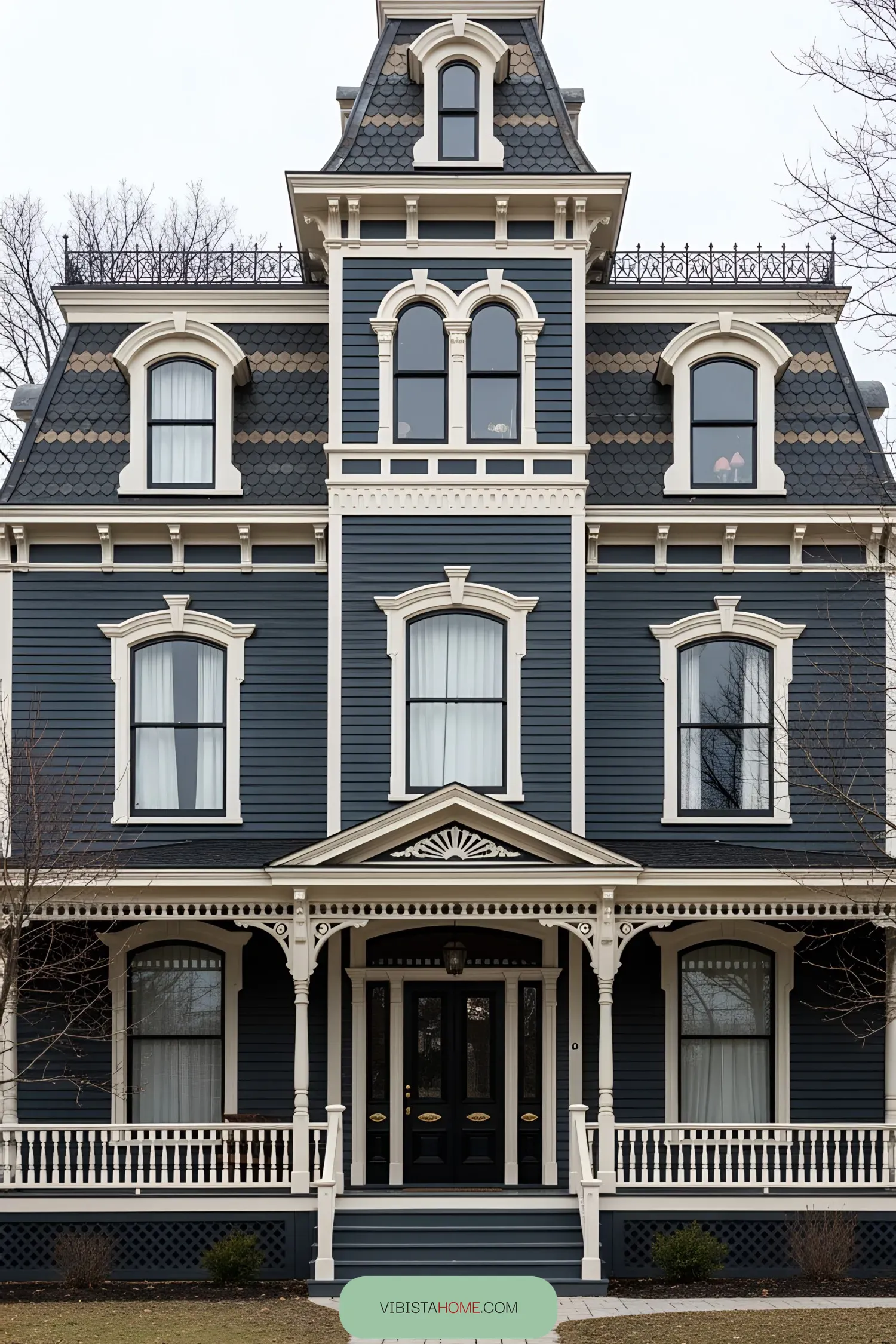 Dark Victorian house with ornate details and large windows