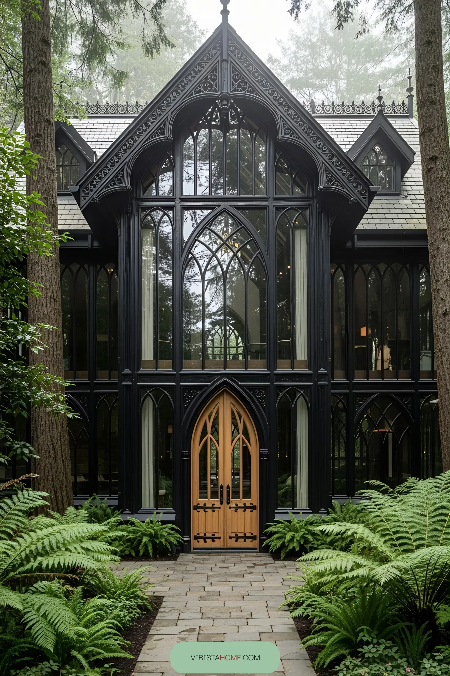 Victorian house with arched windows and lush ferns