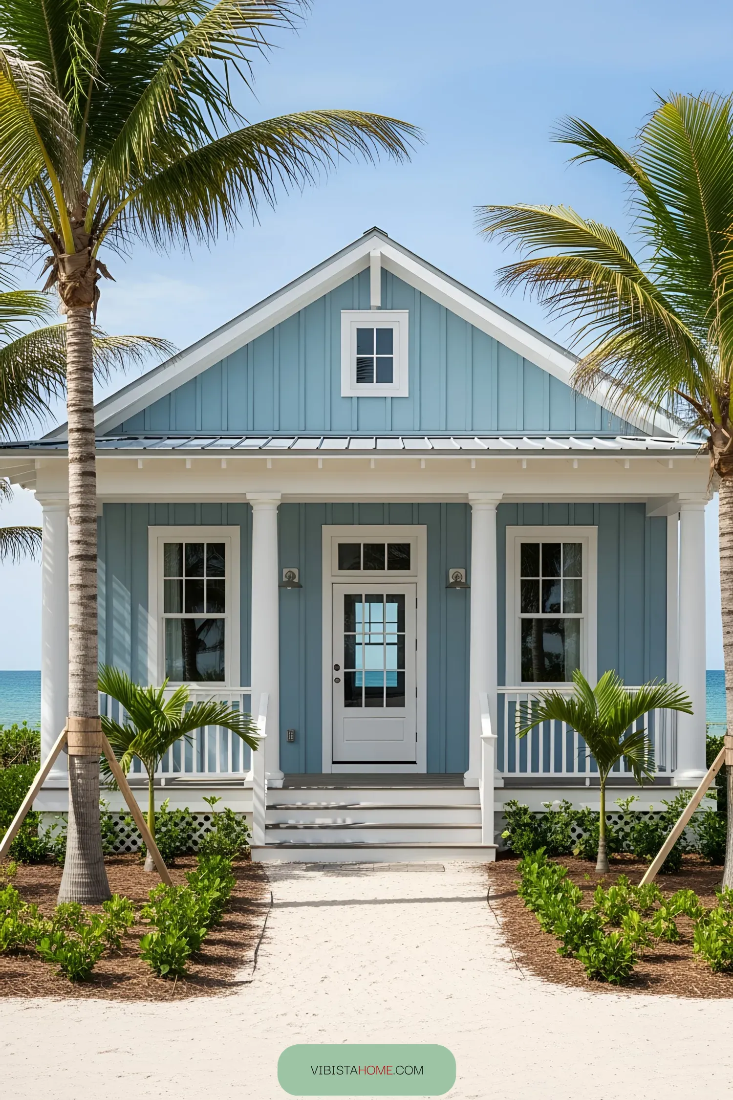 Charming blue beach house framed by palm trees