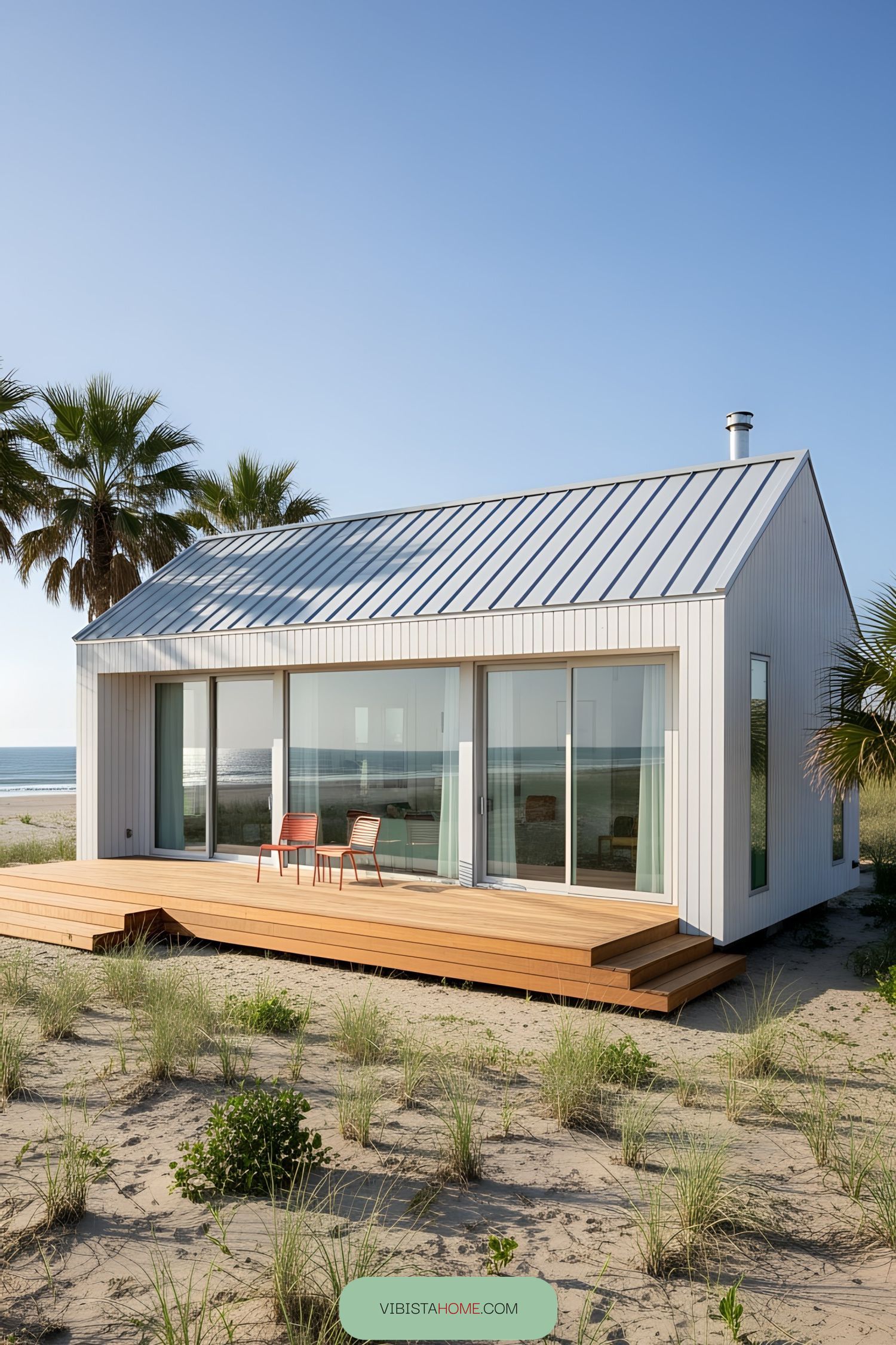 Modern bungalow with glass doors and deck