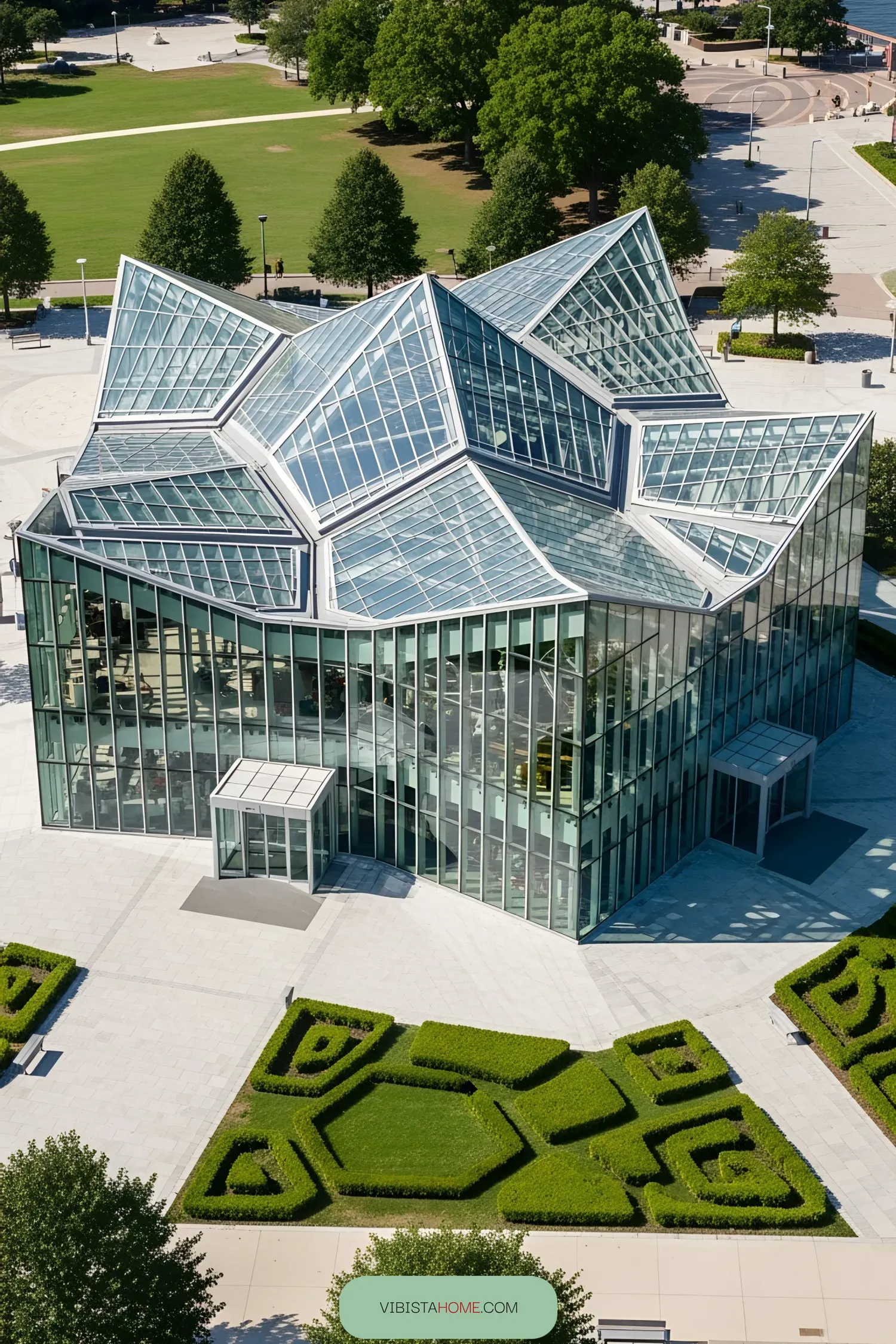 Modern glass pavilion with angular roof
