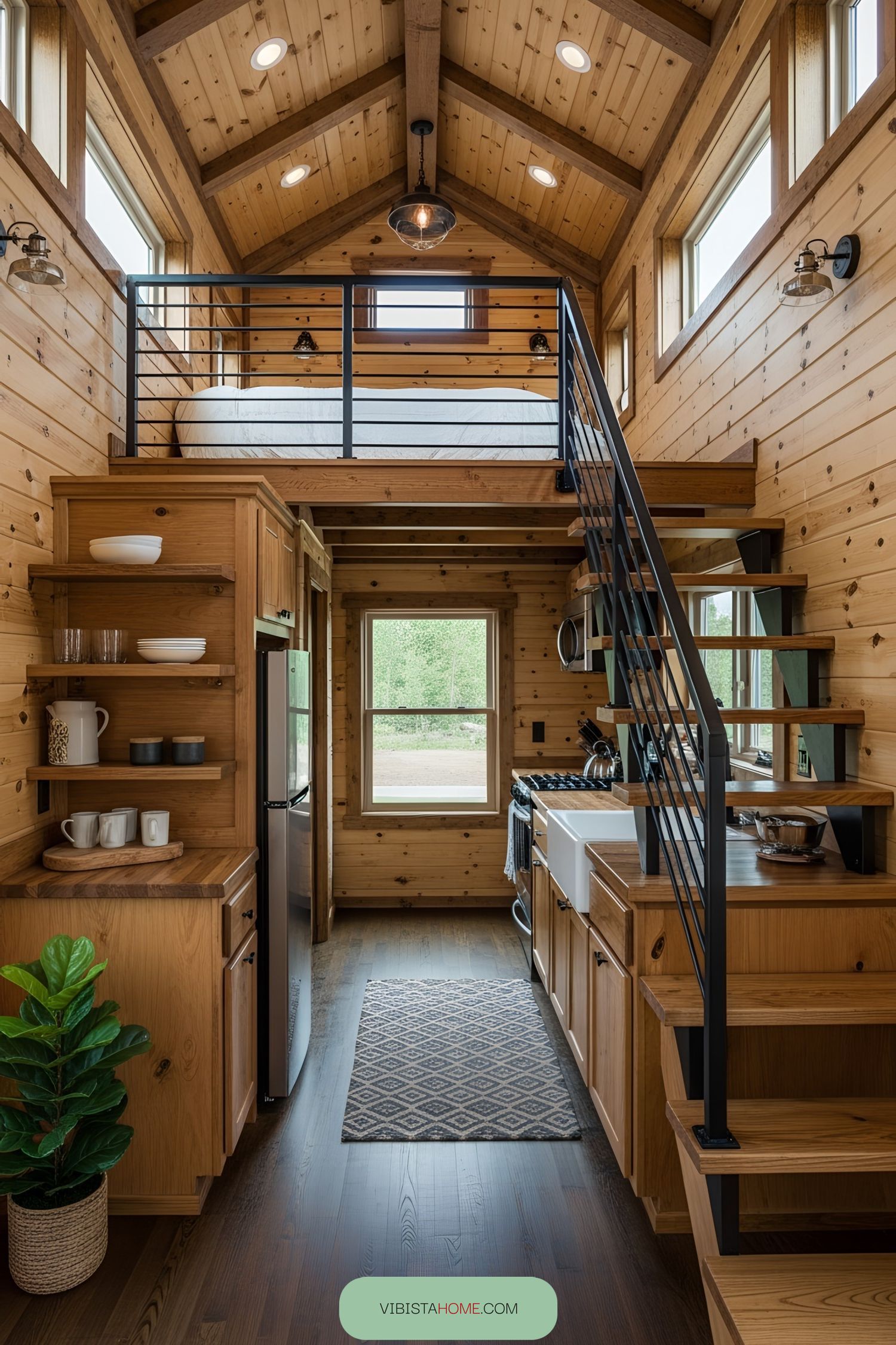 Interior of a cozy lofted tiny house with wood finishings