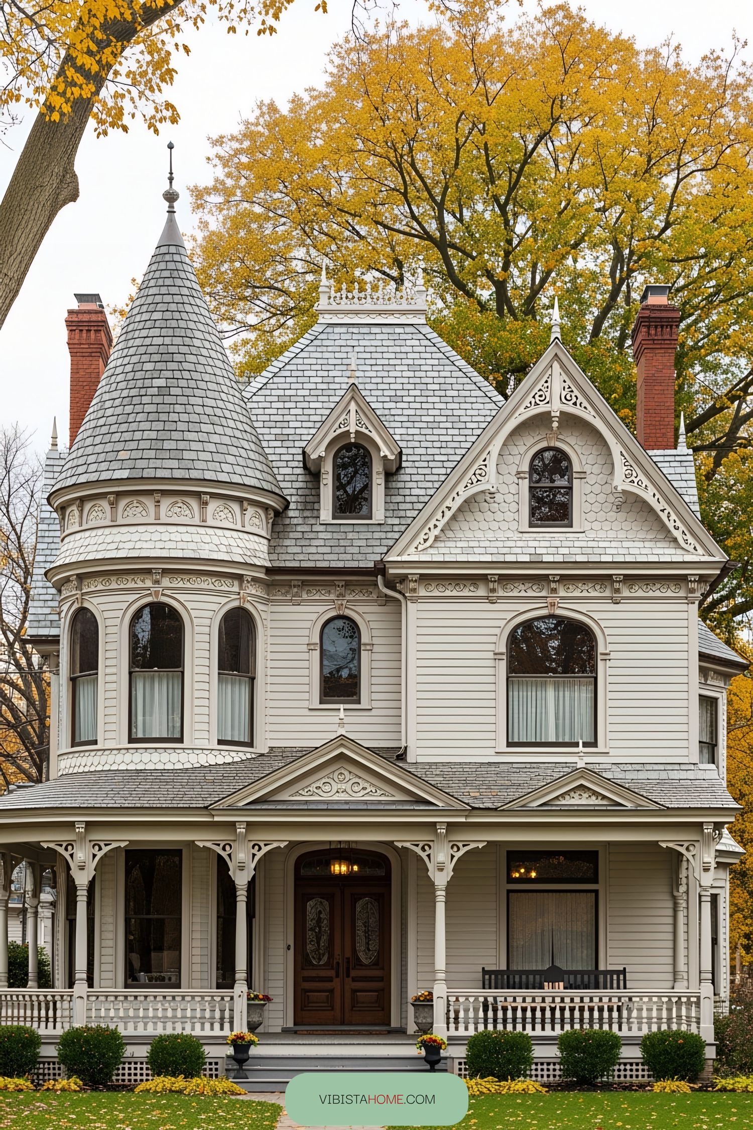 Elegant Victorian cottage with detailed roof and turret