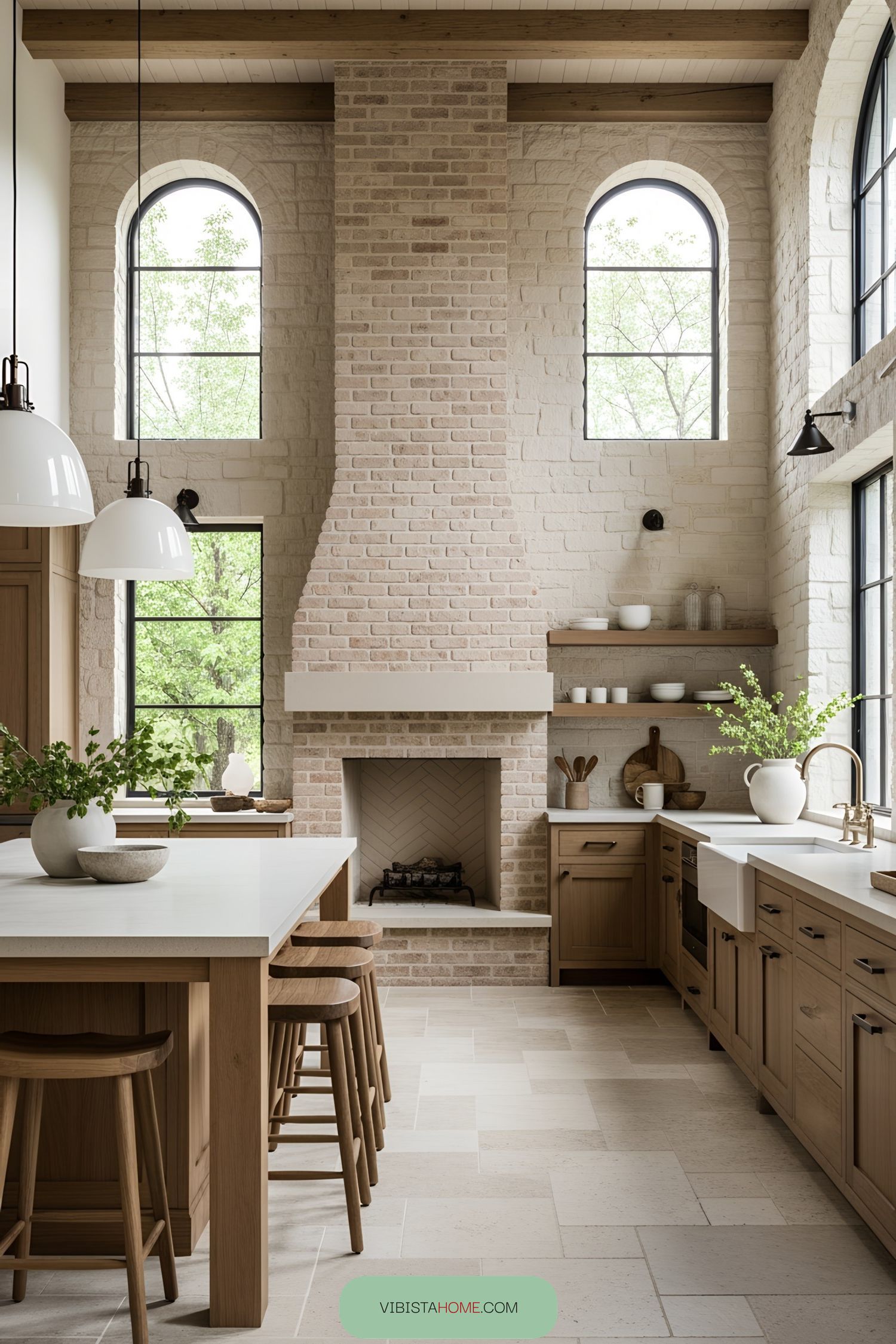 Rustic kitchen with brick details and high windows