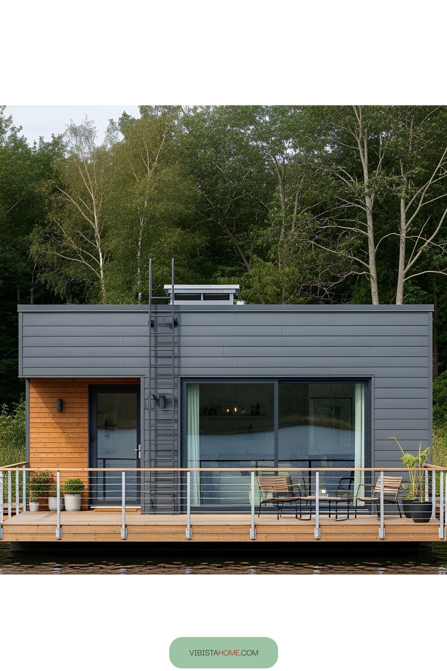 Modern floating cottage with a sleek design and wooden accents