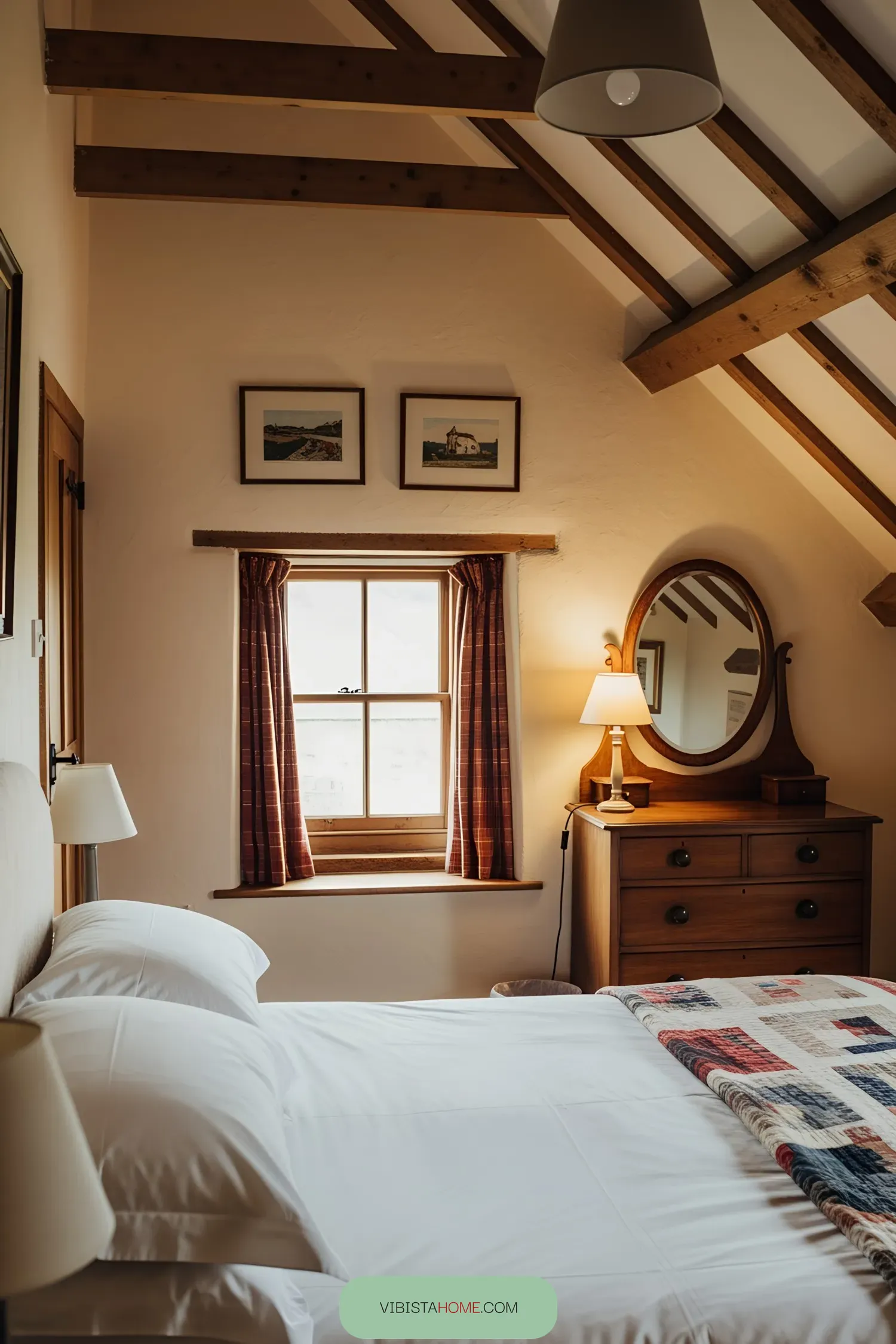Warm Scottish cottage bedroom with wooden beams and rustic charm
