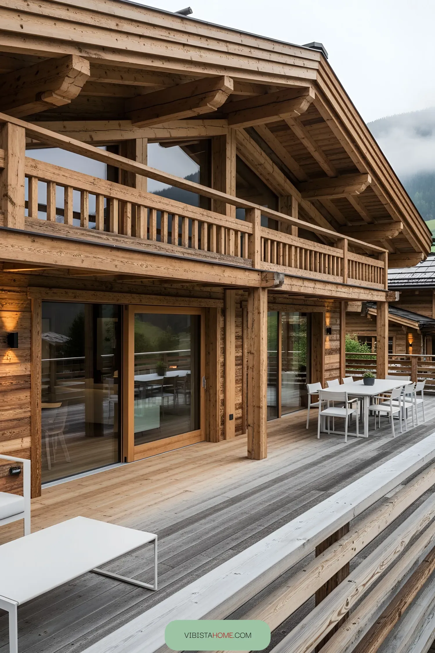 Luxury wooden chalet with balcony and deck