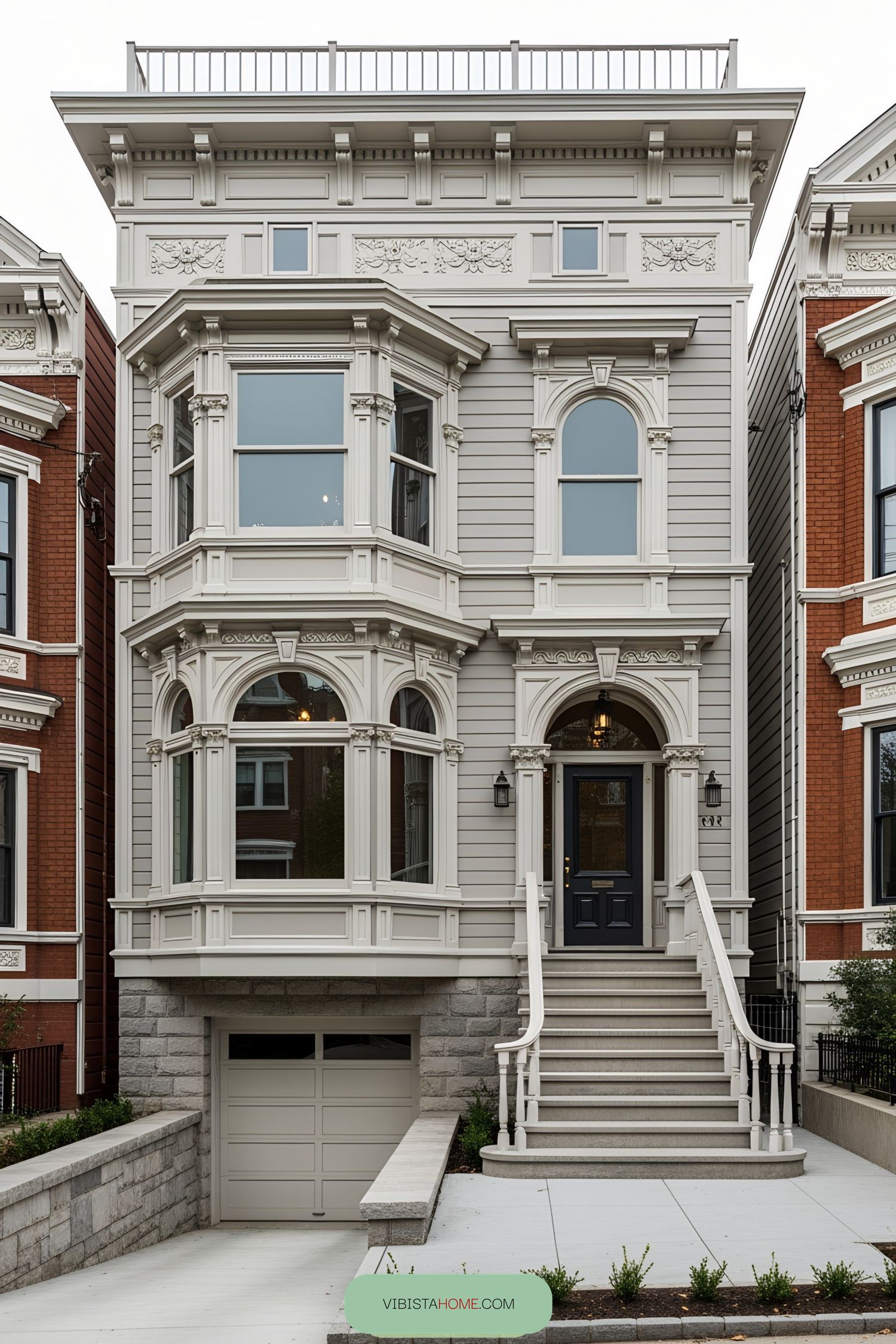 Gray Victorian villa with bay windows and ornate detailing