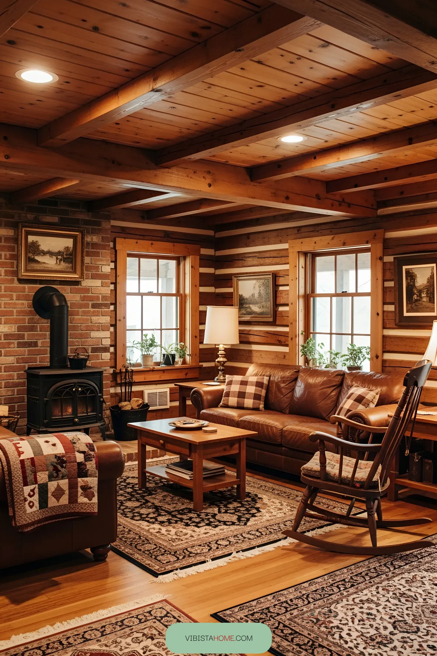Classic log cabin interior with cozy seating