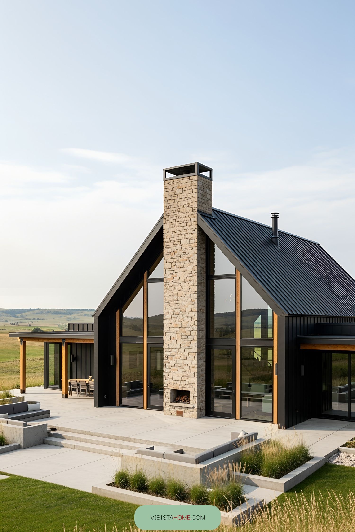 Modern cabin with stone chimney and large windows