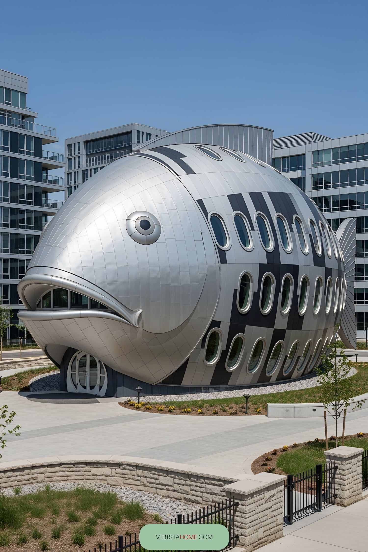 Silver fish-shaped building with oval windows
