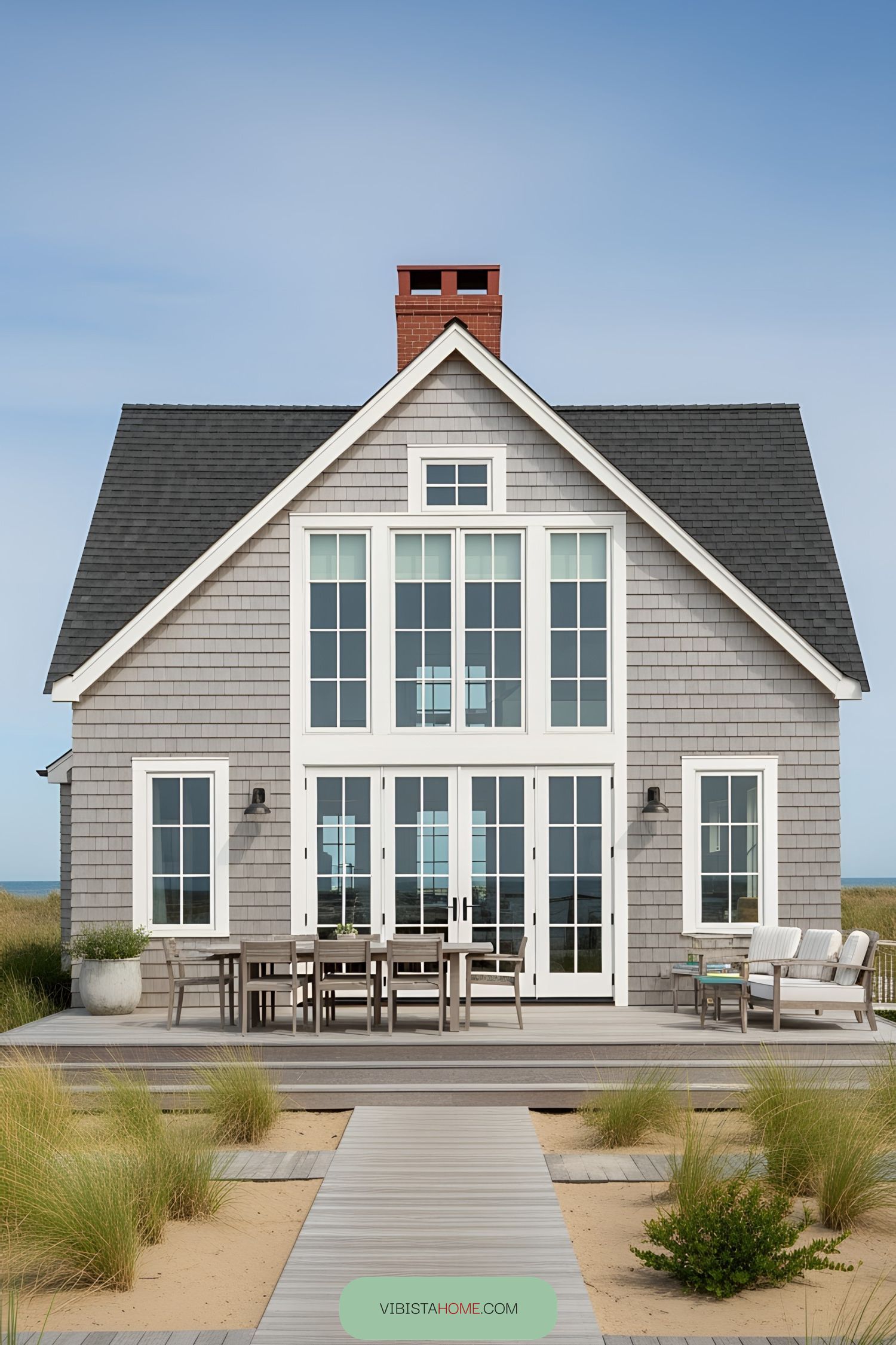 Grey shingled beach house with large windows and a boardwalk