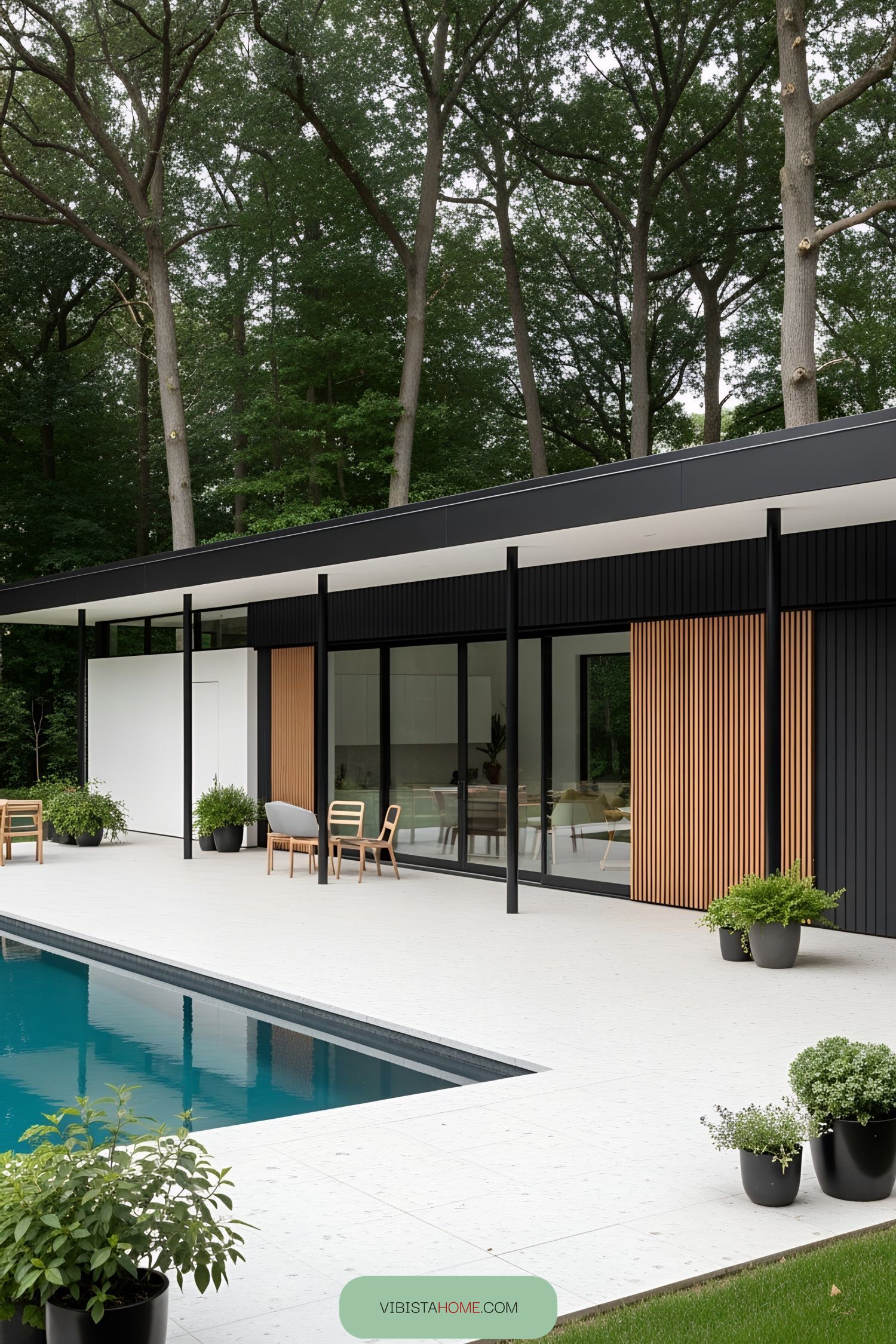 Modern pool house with sleek design and natural surroundings