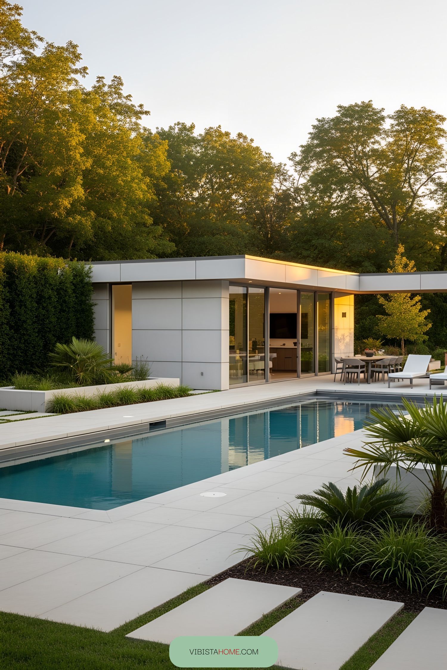 Modern pool house with sleek design and pool