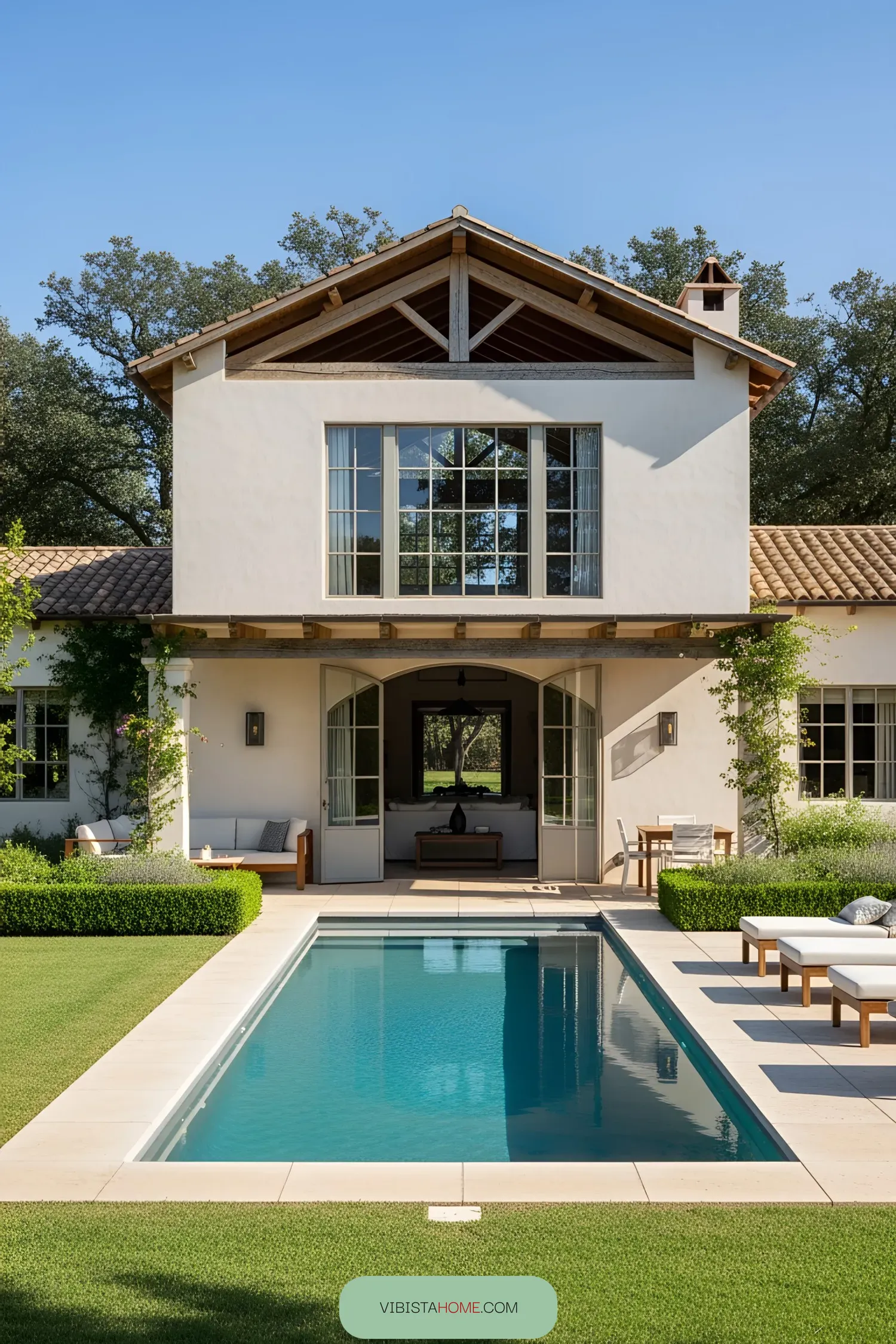 Contemporary Spanish farmhouse with a poolside view