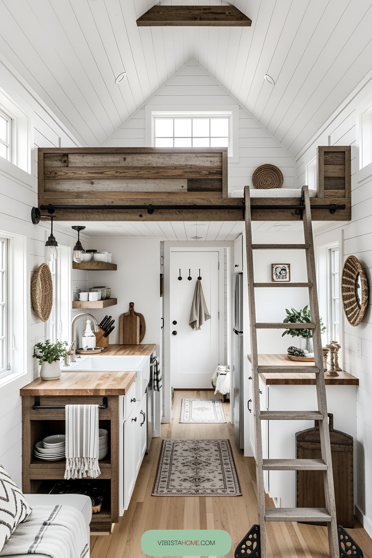 Cozy interior of a lofted tiny house with a rustic vibe