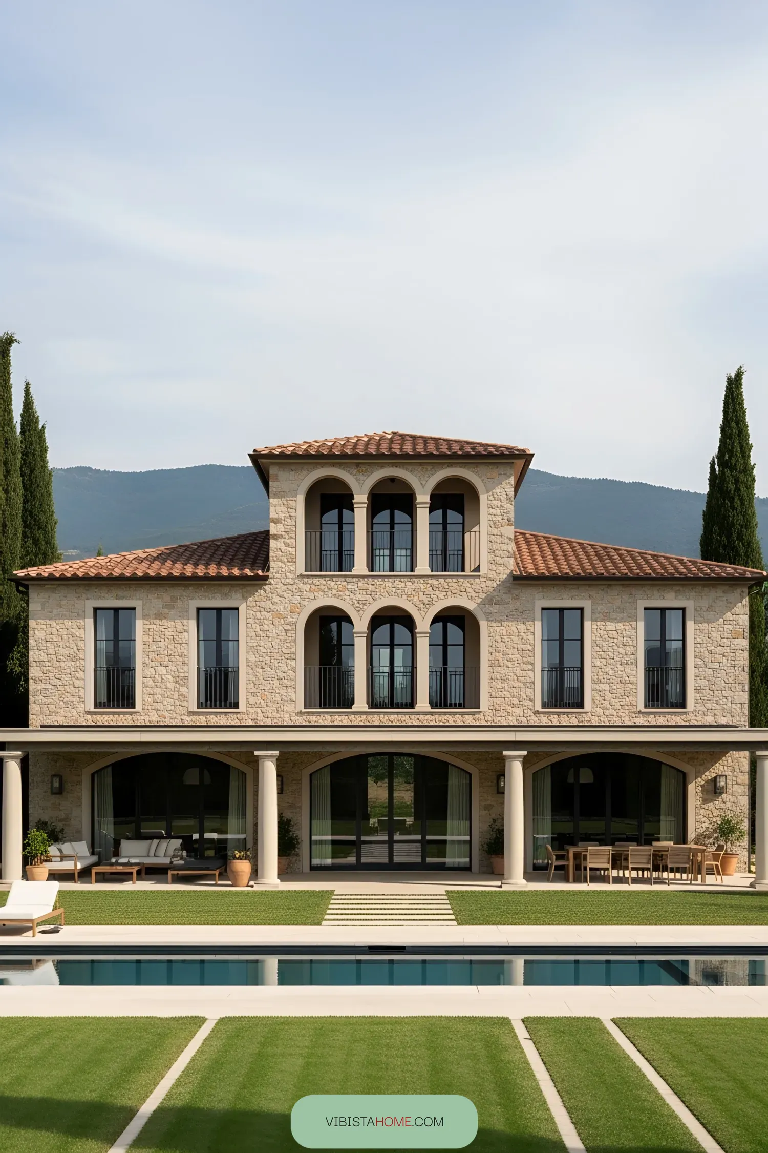 Contemporary Tuscan villa with large windows and a pool